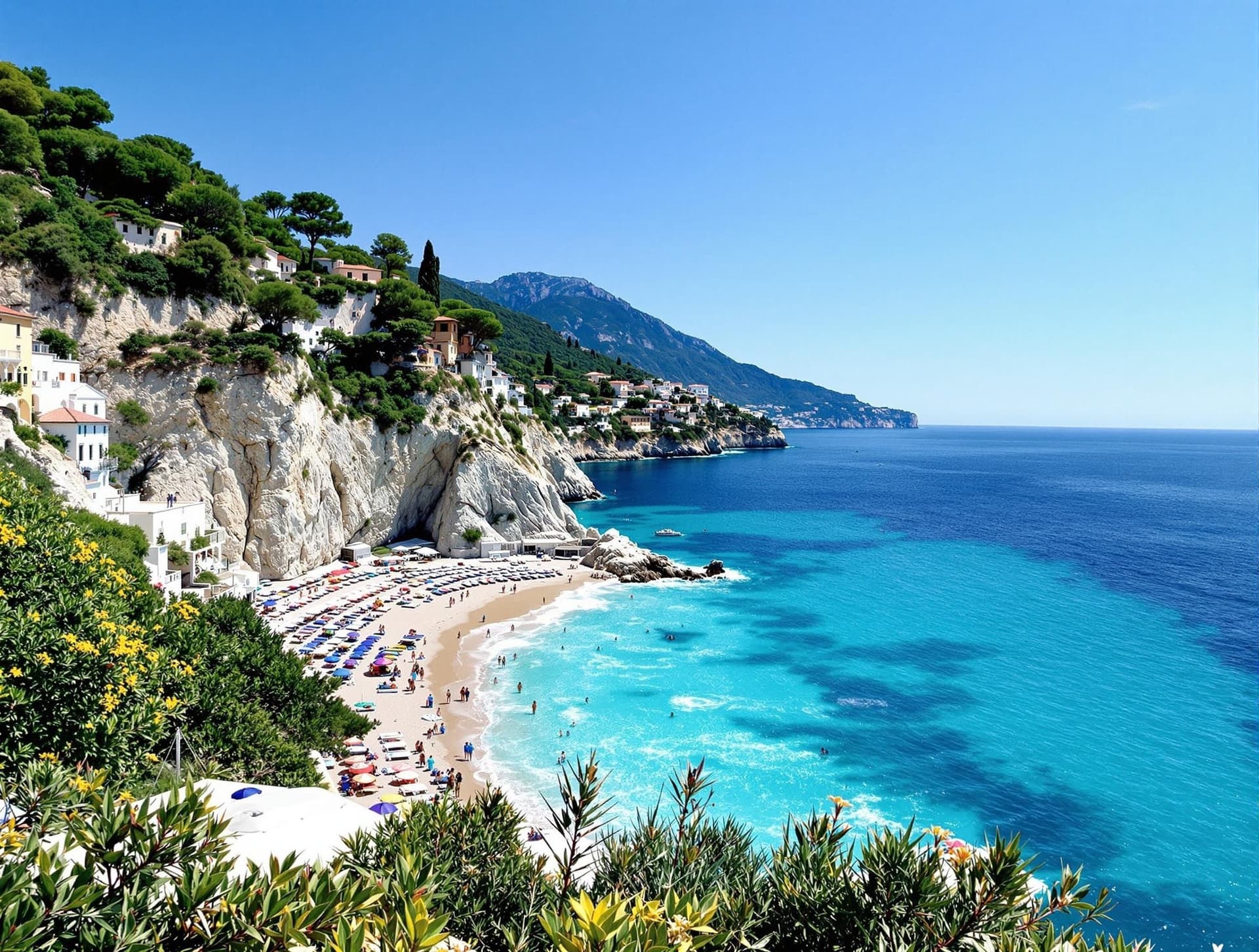 Italien på sommaren med en vacker strand vid Medelhavet, turkost vatten och färgglada parasoller