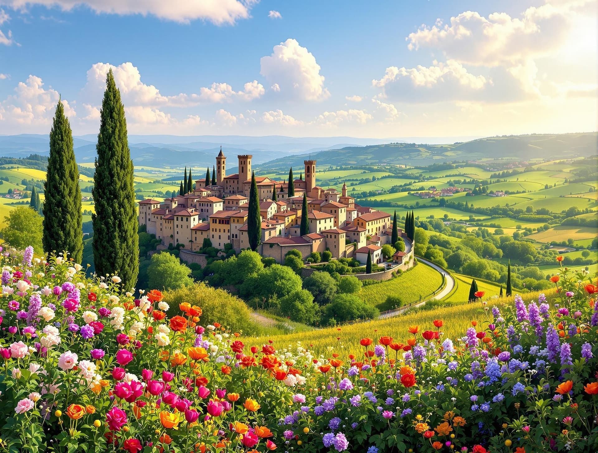 Italien på våren med blommande landskap och en medeltida by på en kulle i Toscana