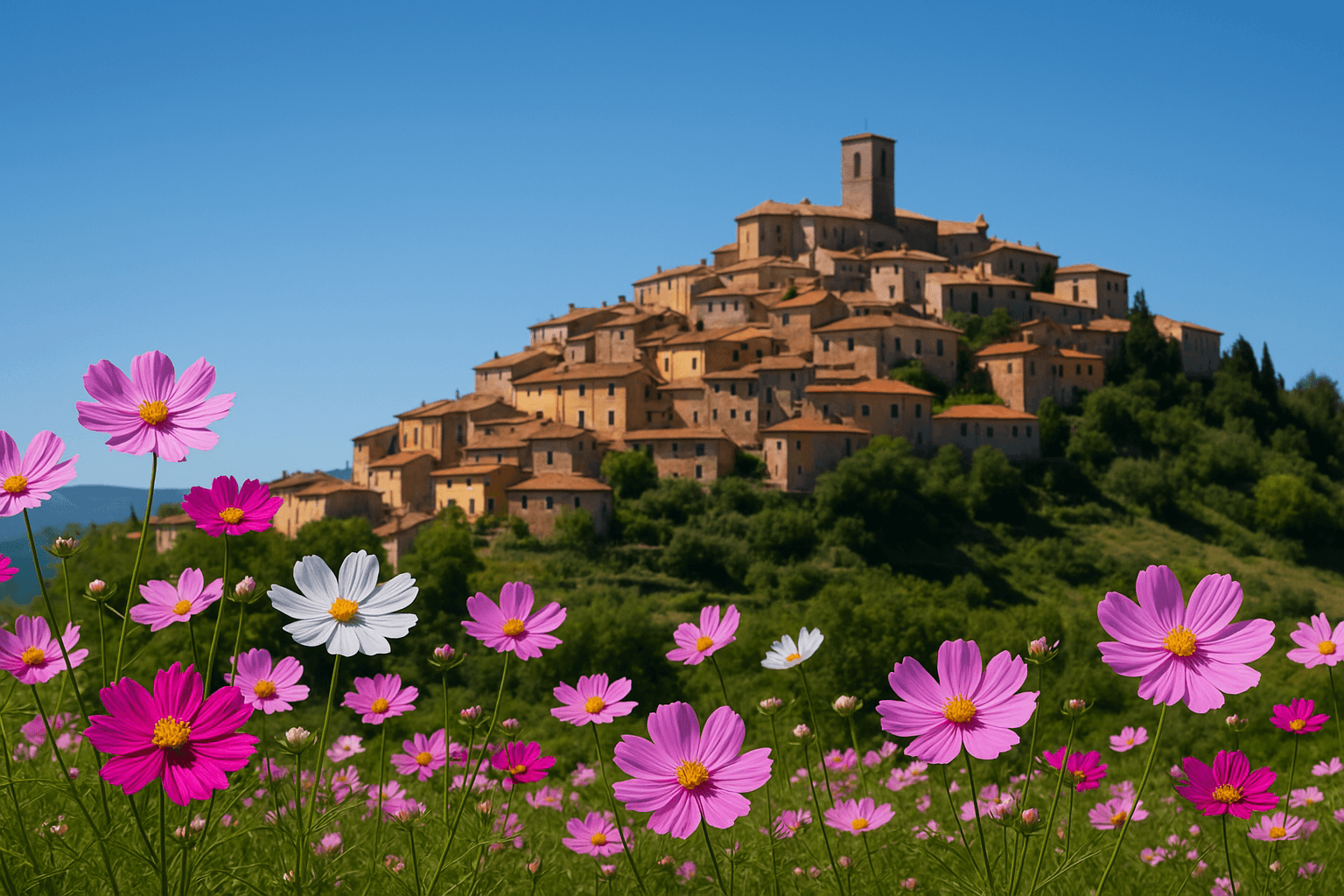 Italienskt landskap på våren med blommande fält och gröna kullar