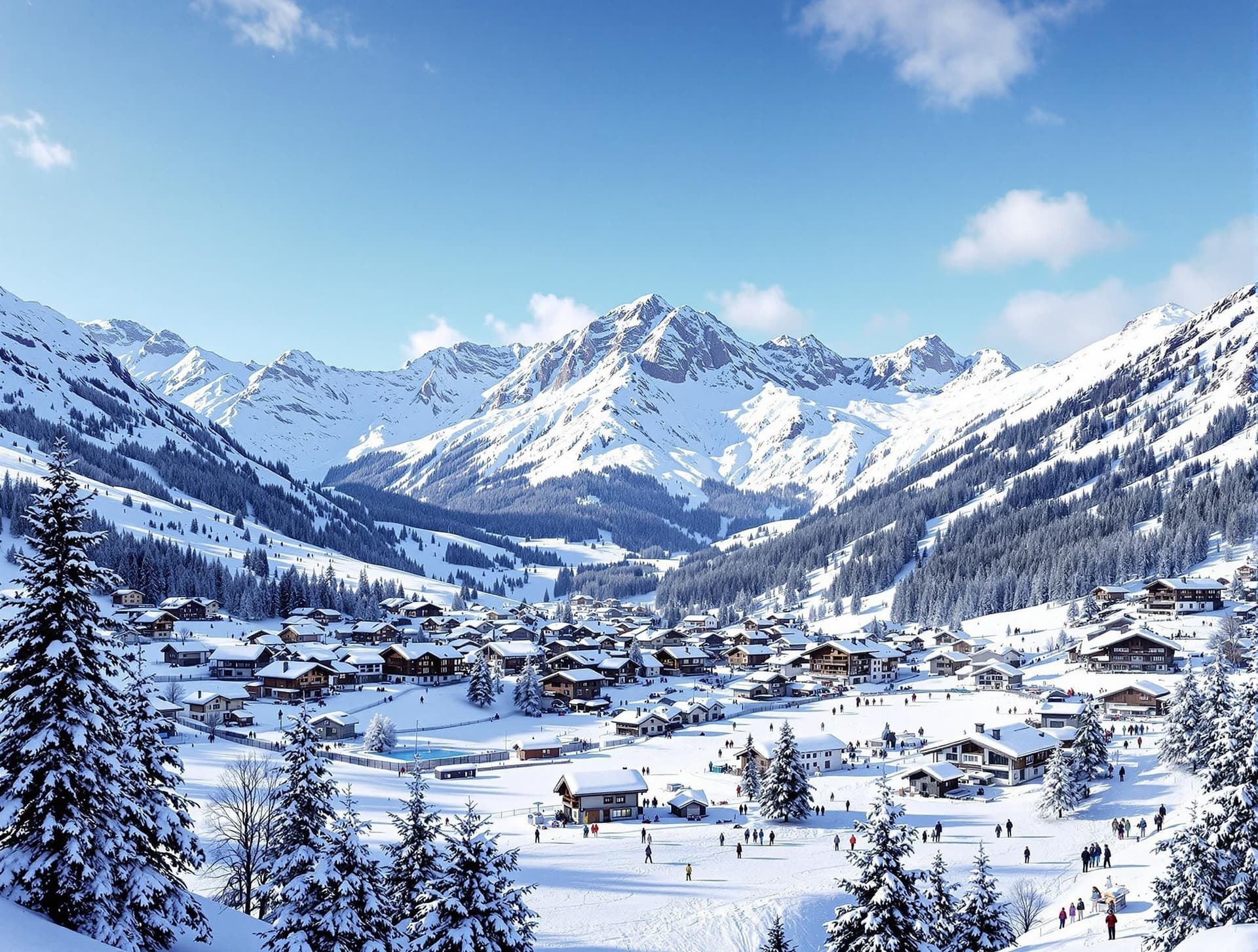 Italien på vintern i Dolomiterna med snötäckta berg och en alpin by med traditionella trähus