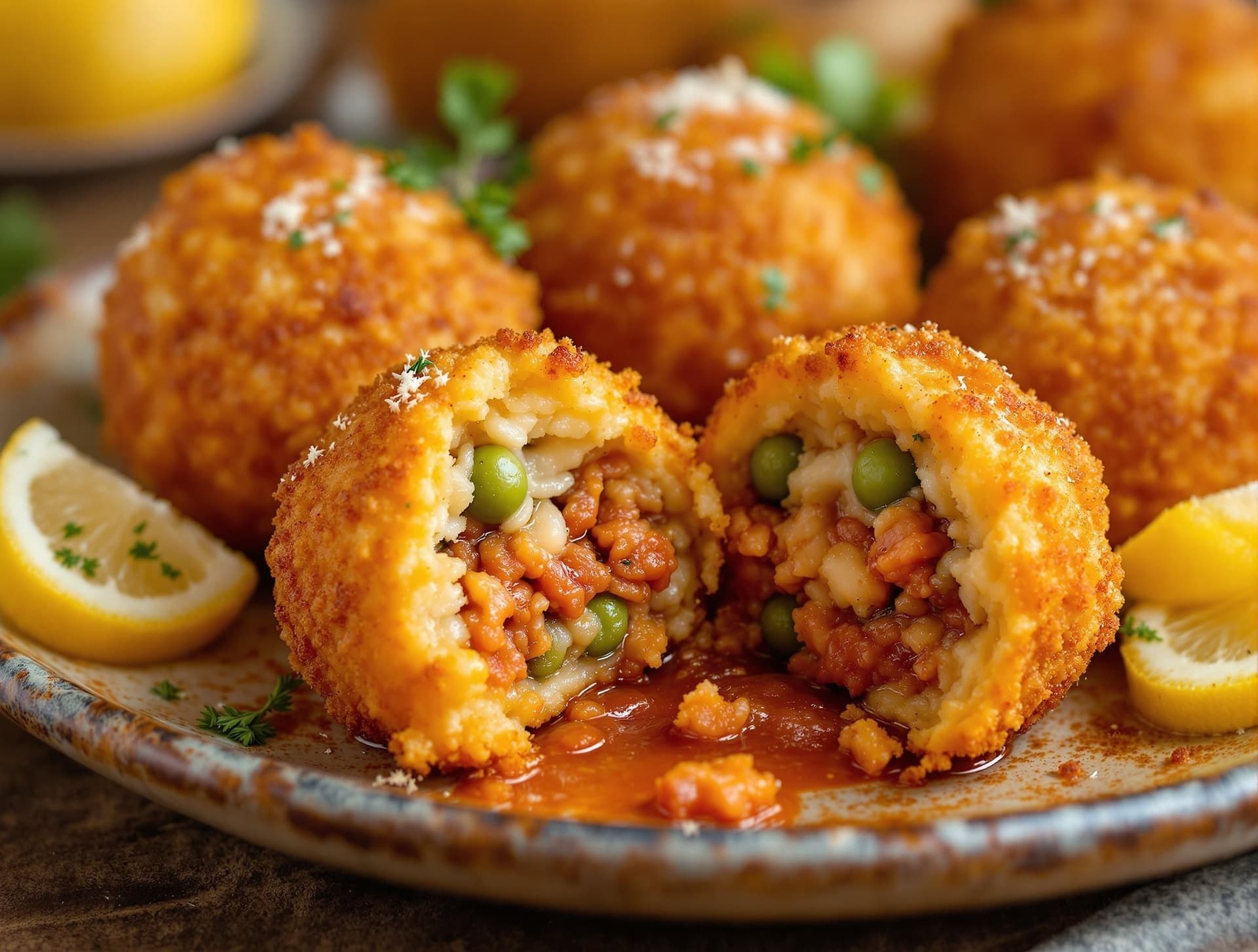 Gyllene, friterade arancini (sicilianska risbollar) med en skuren i halva som visar fyllningen