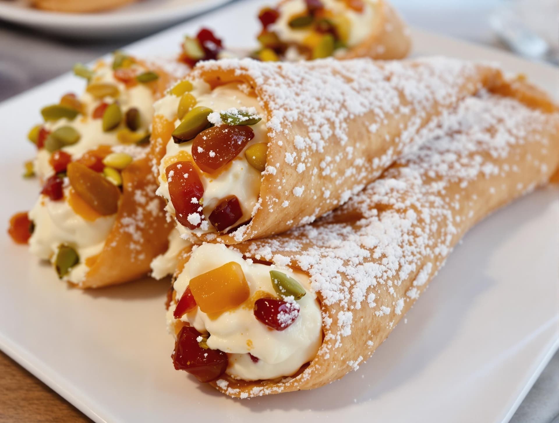 Färska sicilianska cannoli med knapriga skal fyllda med krämig ricottafyllning, garnerade med pistage