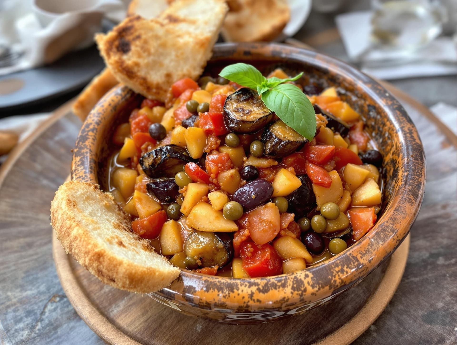 Siciliansk caponata i en rustik keramikskål, färgglad blandning av stekt aubergine, selleri, kapris och tomater