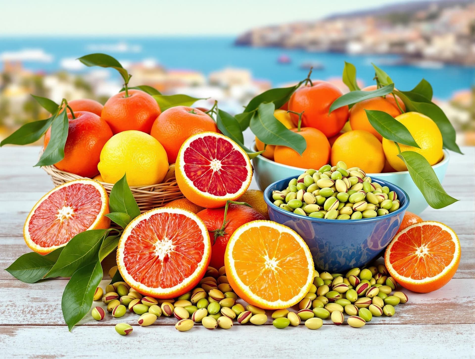 Färgglad uppställning av sicilianska citrusfrukter - blodapelsiner, citroner och mandariner - tillsammans med pistaschnötter från Bronte