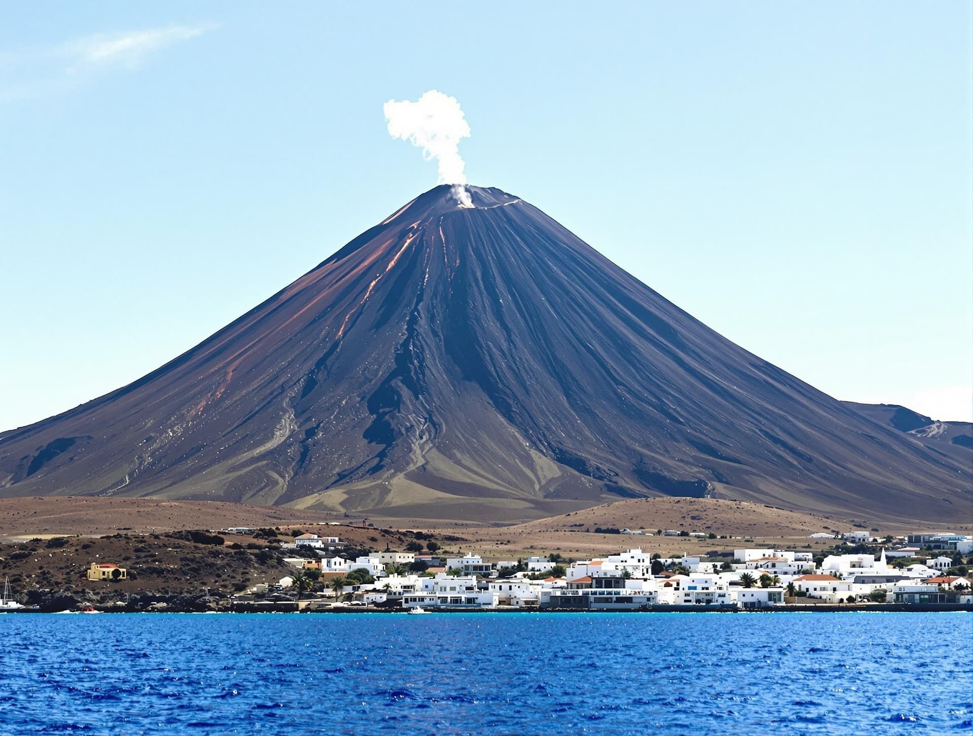 Stromboli-vulkanen på de Eoliska öarna utanför Sicilien, sedd från havet