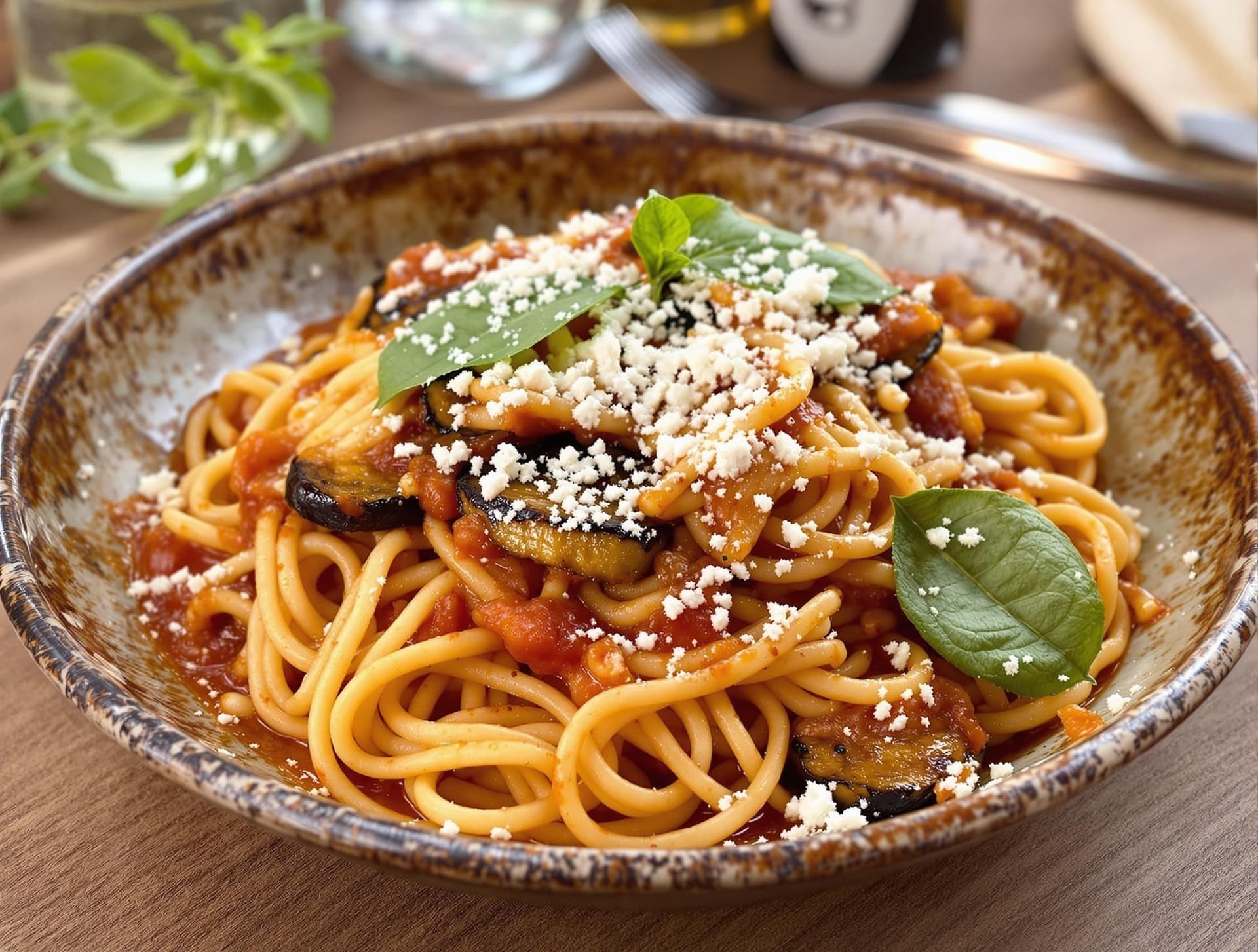 Pasta alla Norma med stekt aubergine, tomatsås, basilika och ricotta salata