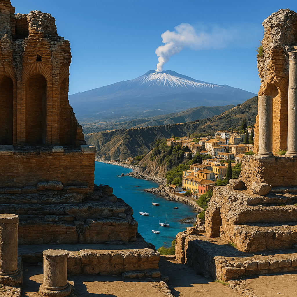 Utsikt från Taormina på Sicilien med det antika grekiska teatern och vulkanen Etna i bakgrunden