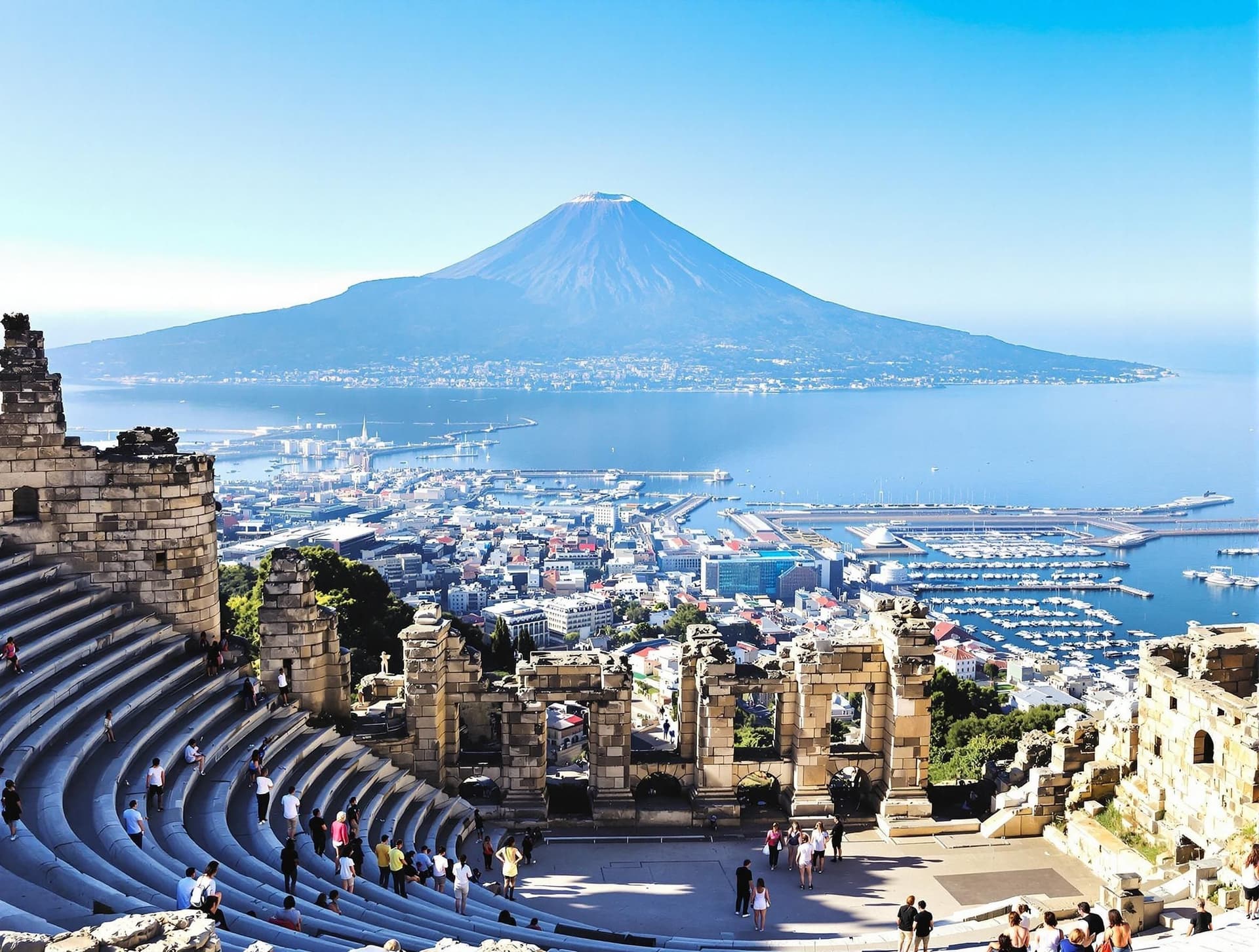 Den antika grekiska teatern i Taormina, Sicilien, med spektakulär utsikt över Medelhavet