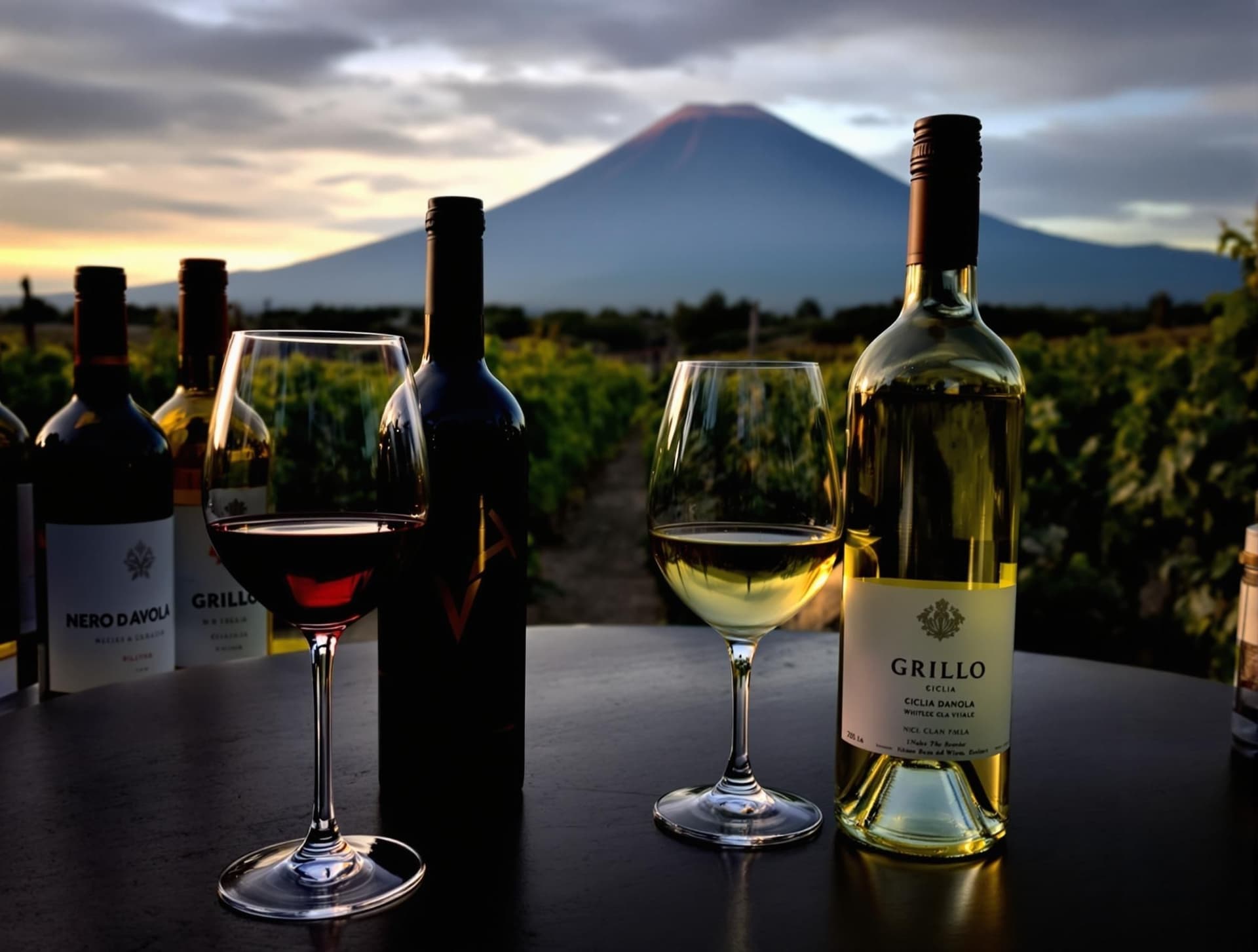 Glas med sicilianska viner - rött Nero d'Avola och vitt Grillo - med vinflaskor och en siciliansk vingård i bakgrunden