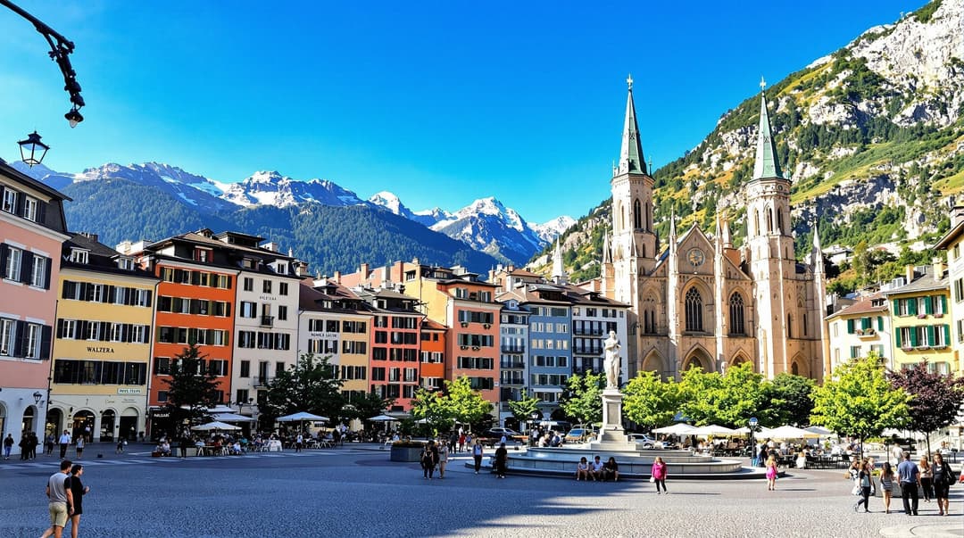 Bolzano (Bozen) i Sydtyrolen, Italien, stadsbild med färgglada byggnader, den gotiska katedralen och alperna i bakgrunden