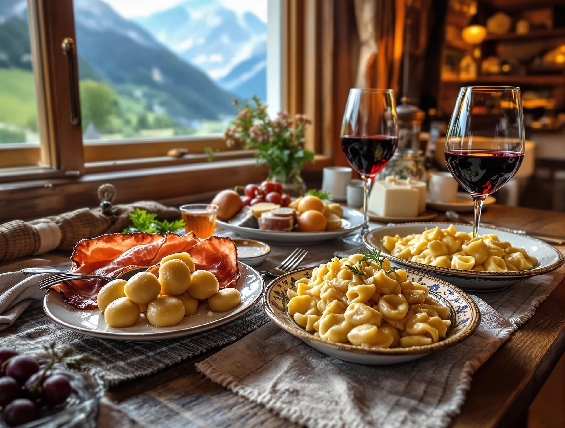 Traditionell sydtyrolsk måltid serverad på ett rustikt träbord, med knödel (canederli), speck (lufttorkad skinka) och lokala ostar