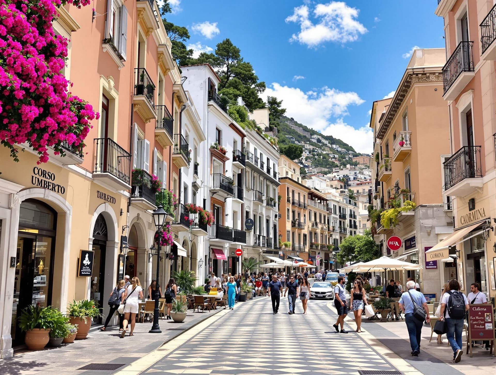 Corso Umberto i Taormina, Sicilien, den livliga huvudgatan med eleganta butiker och caféer