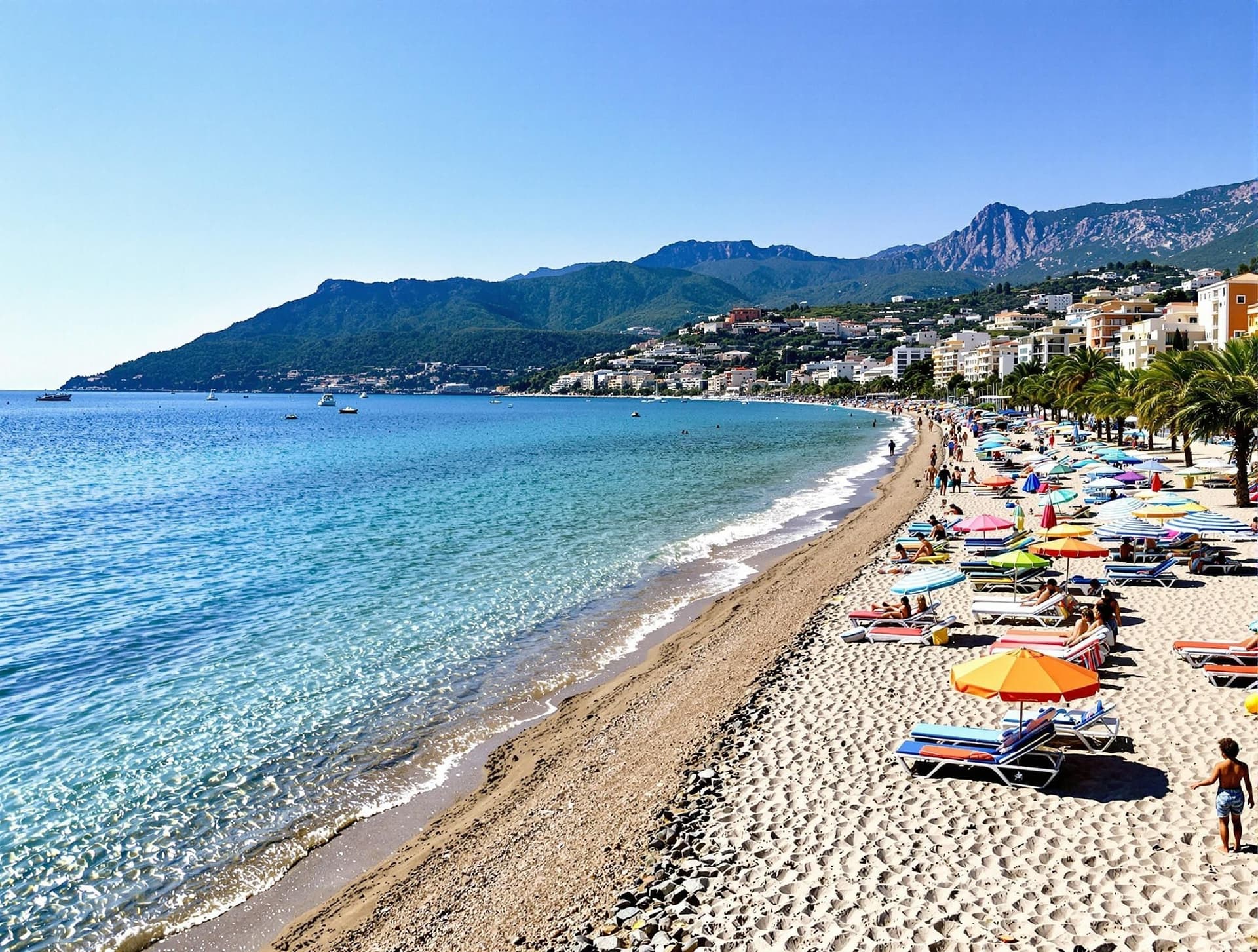 Giardini Naxos stranden nära Taormina, Sicilien, en lång sandstrand med kristallklart vatten