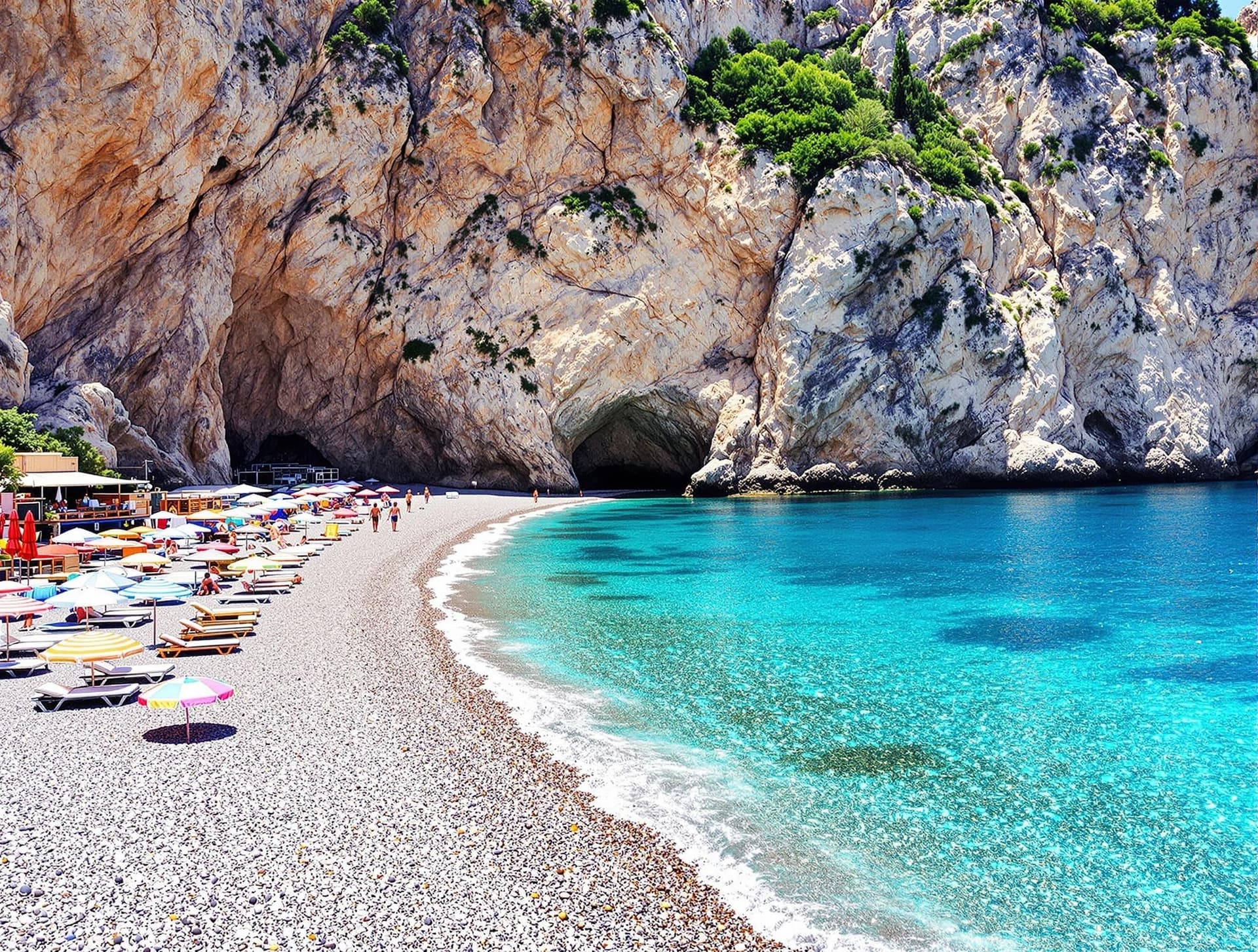 Mazzarò stranden nära Taormina, Sicilien, en vacker stenig strand med kristallklart vatten