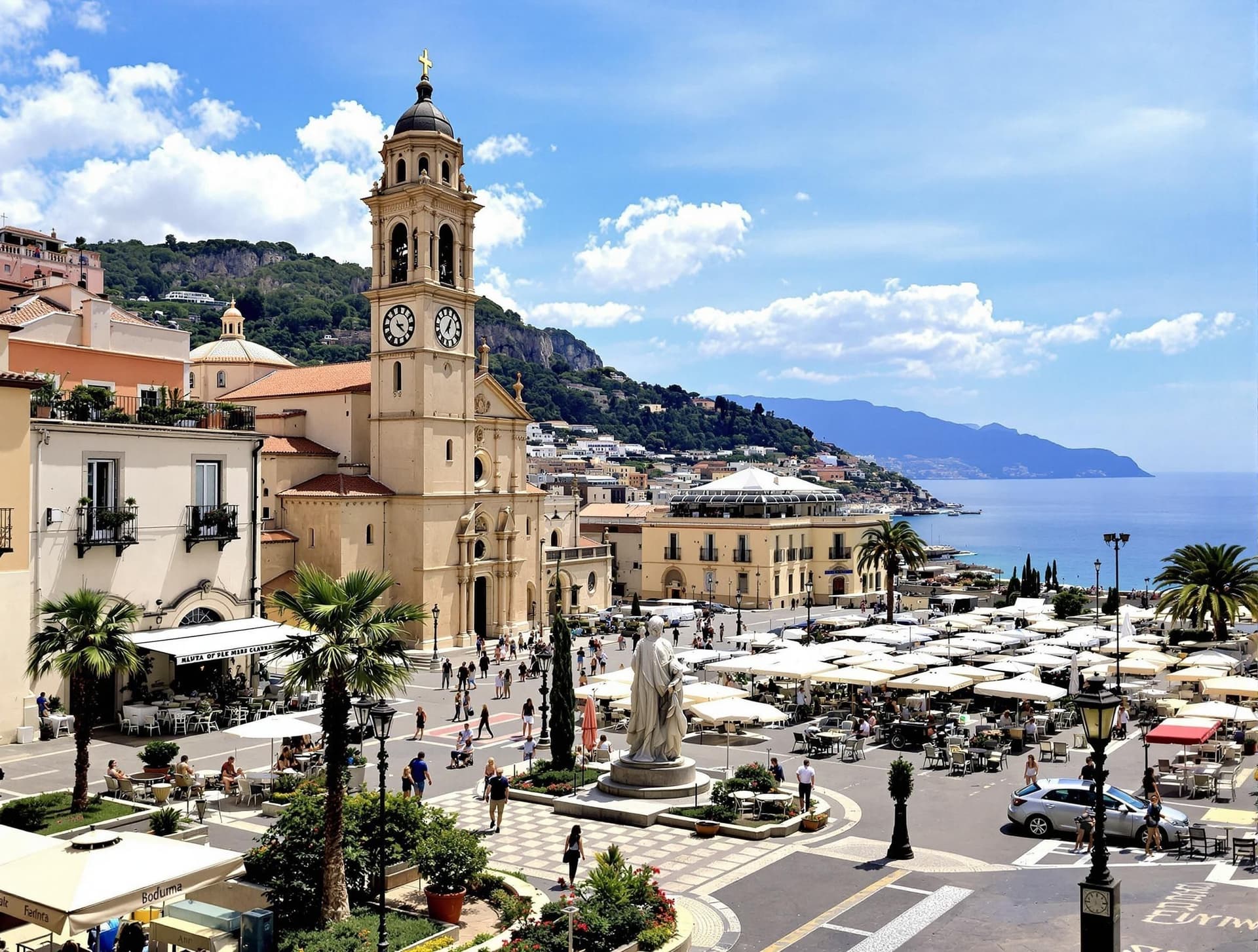 Piazza IX Aprile i Taormina, Sicilien, det berömda torget med sin terrass som erbjuder spektakulär utsikt