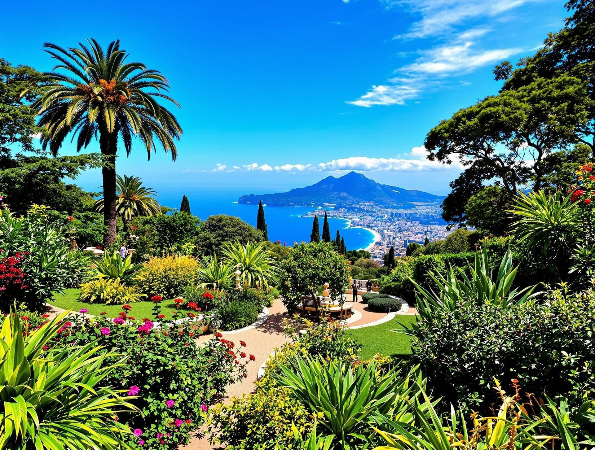 Villa Comunale i Taormina, Sicilien, den vackra offentliga trädgården med exotiska växter och utsikt över kusten