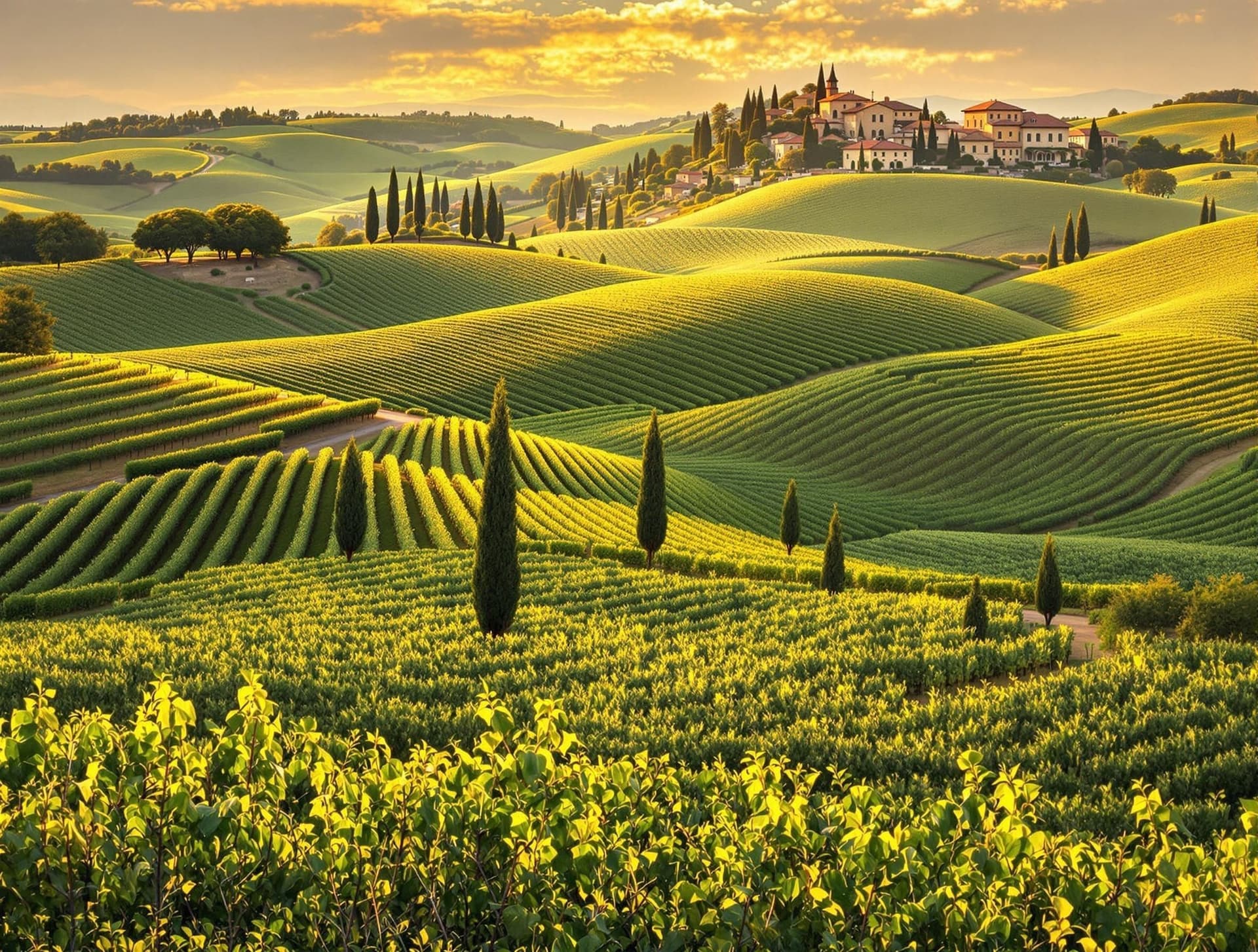 Chianti-regionen i Toscana, böljande kullar med rader av vinrankor och olivlundar