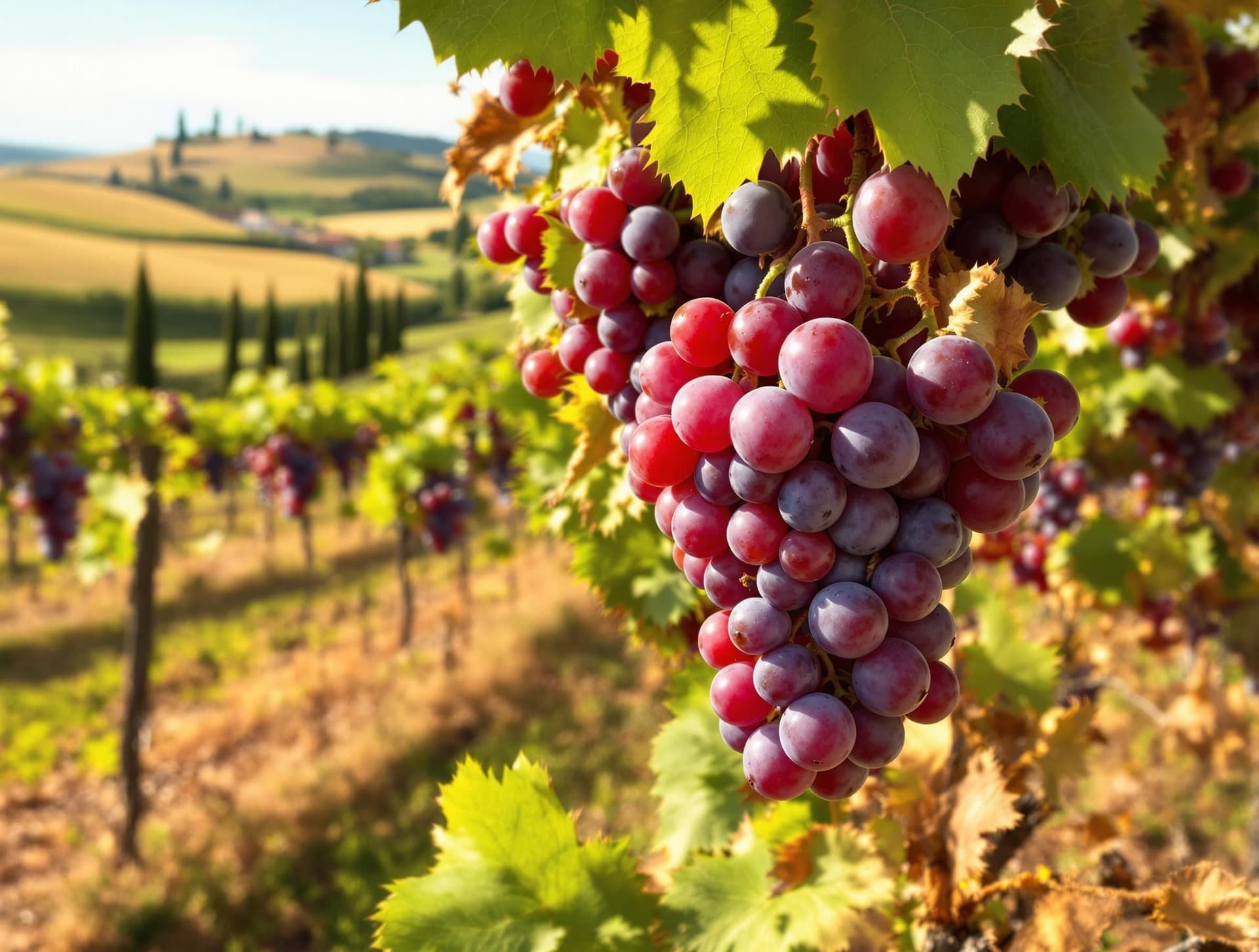 Närbild på mogna vindruvor i en vingård i Toscana med böljande kullar i bakgrunden