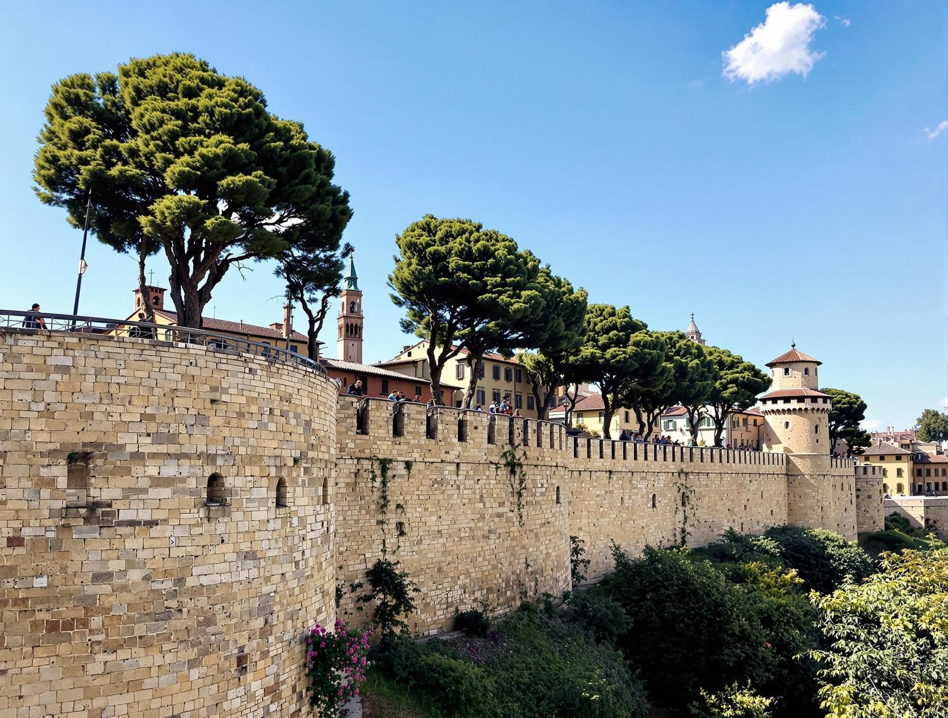 Lucca i Toscana med dess karakteristiska intakta renässansstadsmur med träd på toppen