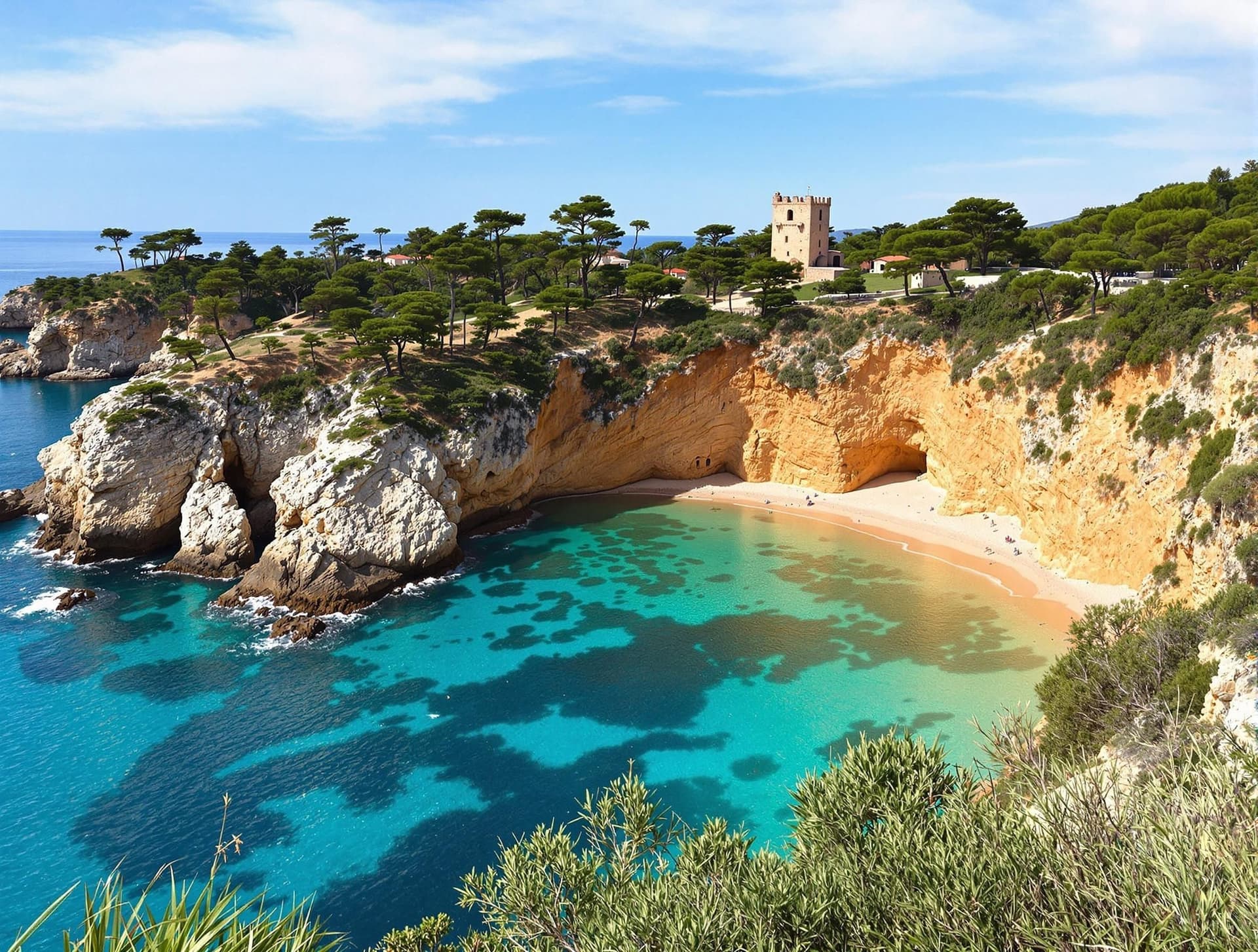 Maremma-kusten i södra Toscana, med vackra stränder, klart turkost vatten och klippor