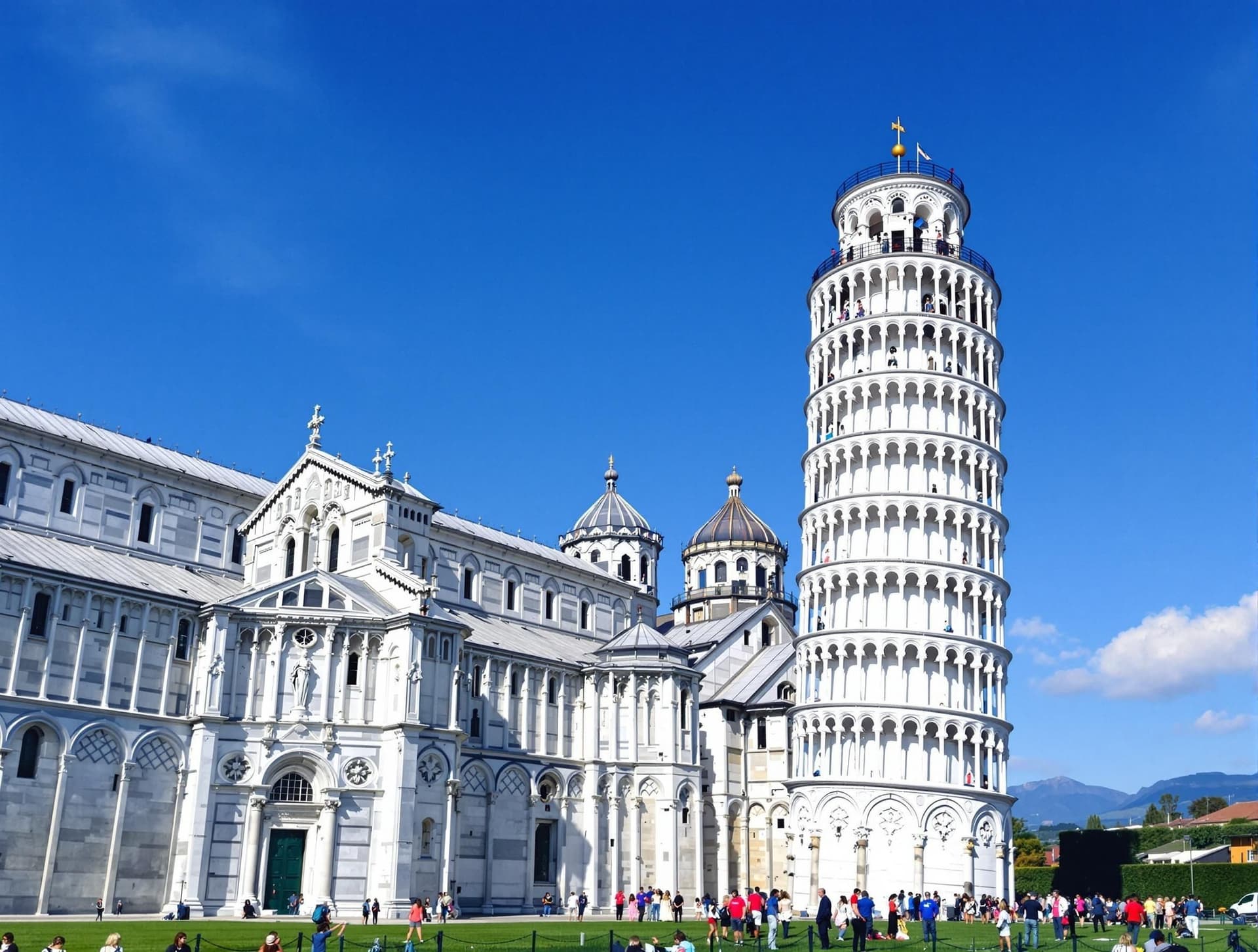 Det lutande tornet i Pisa, Toscana, med den vita marmorkatedralen och baptisteriet