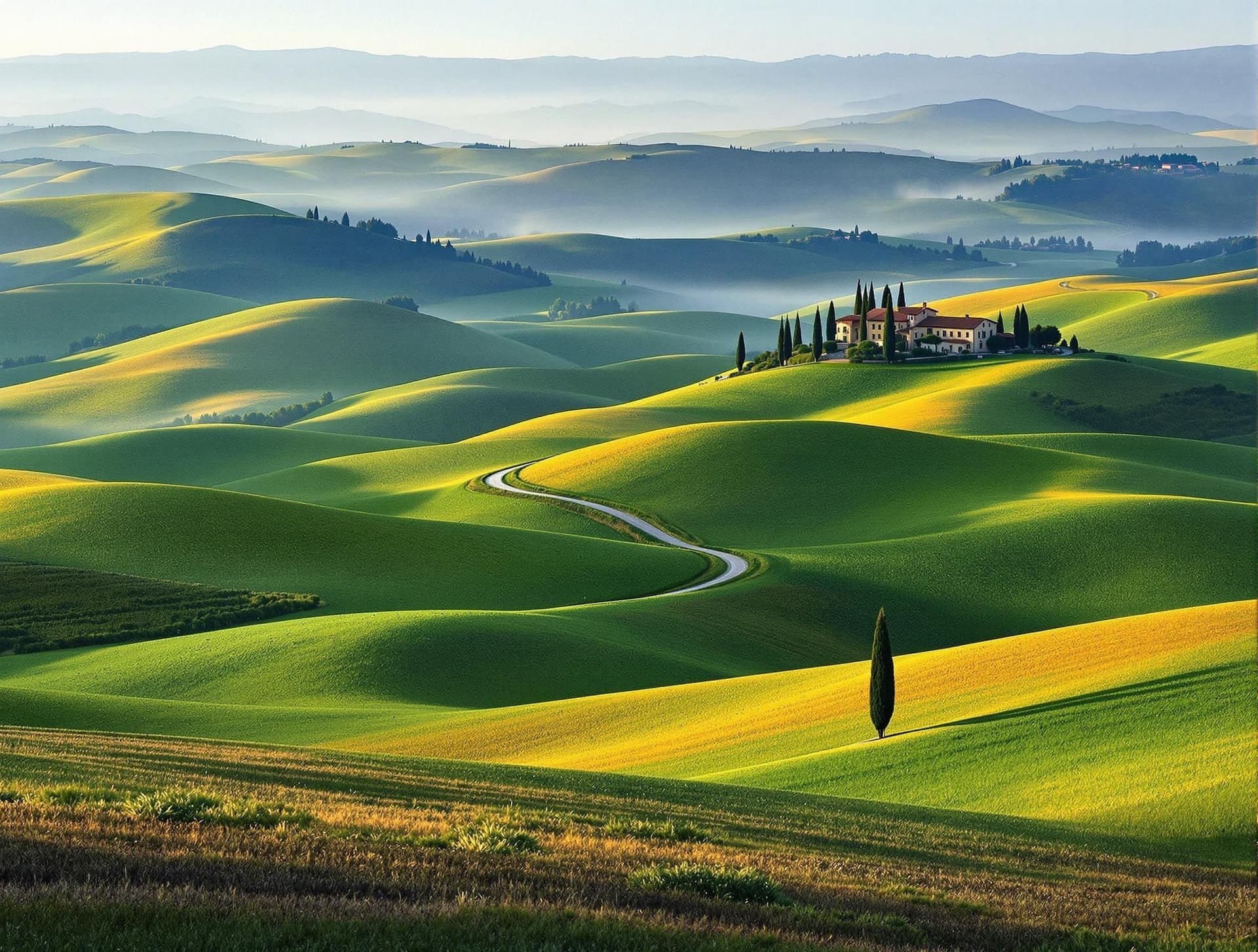 Val d'Orcia i Toscana med böljande kullar, cypressträd och gyllene vetefält