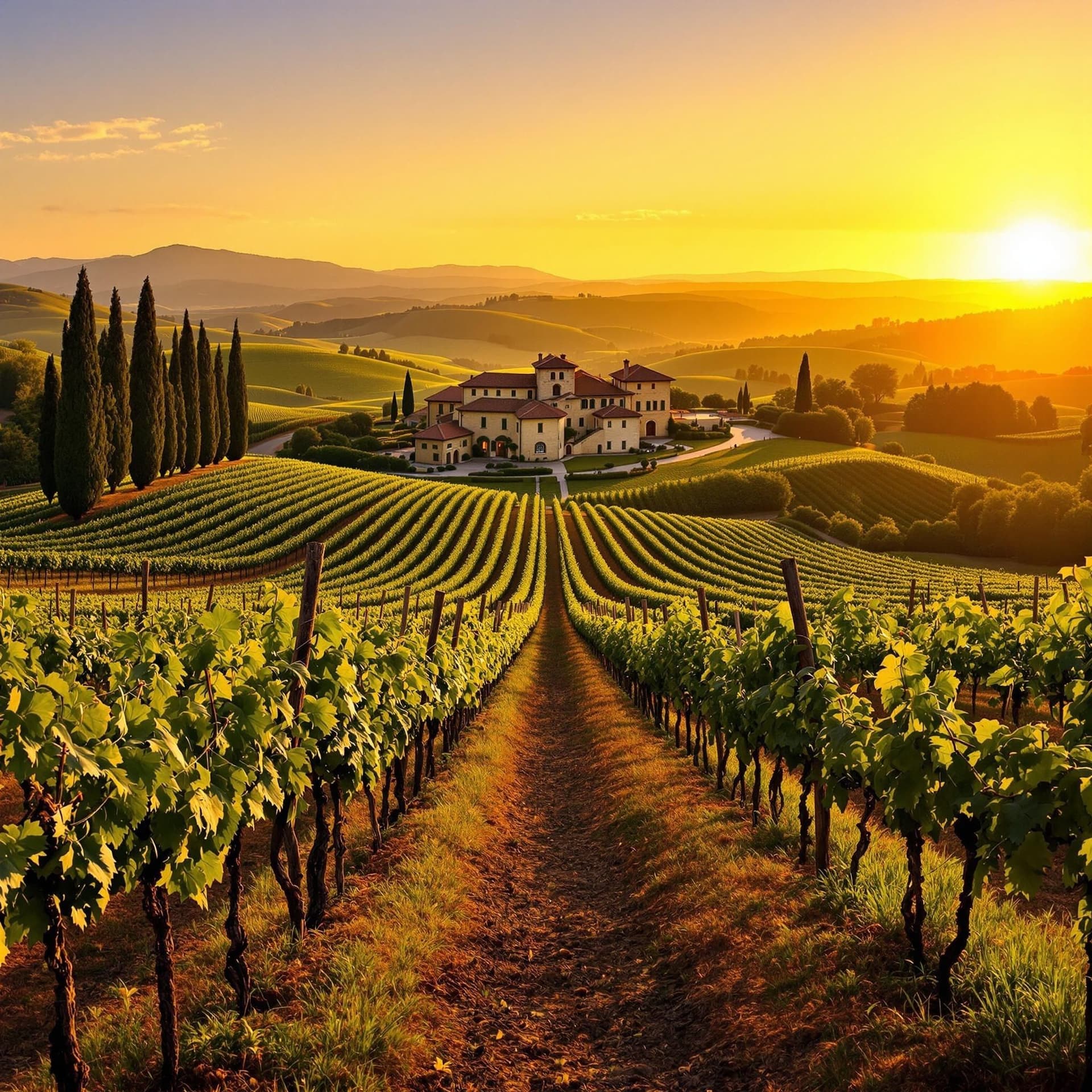 Vingård i Toscana vid solnedgången, med rader av vinrankor och en traditionell stenbyggd villa