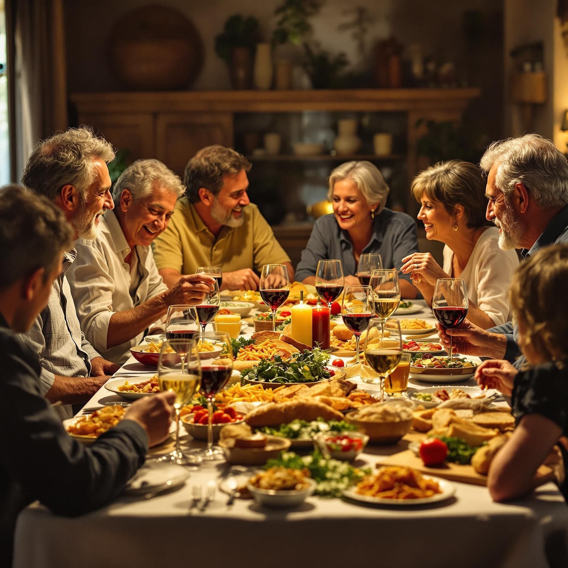 Italiensk familj som äter middag tillsammans, flera generationer, stort bord med traditionell mat, vin, bröd, pasta