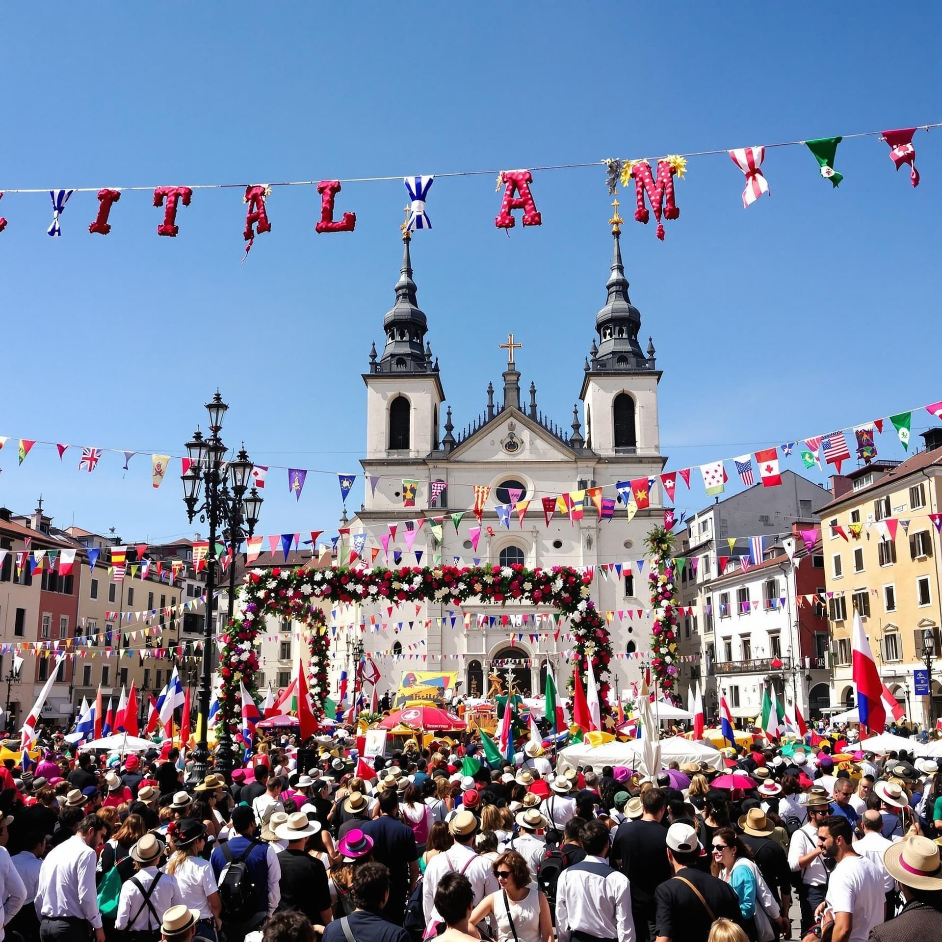 Italiensk festival med färgglada dekorationer, folksamling, traditionella kostymer, flaggor, historisk stadskärna