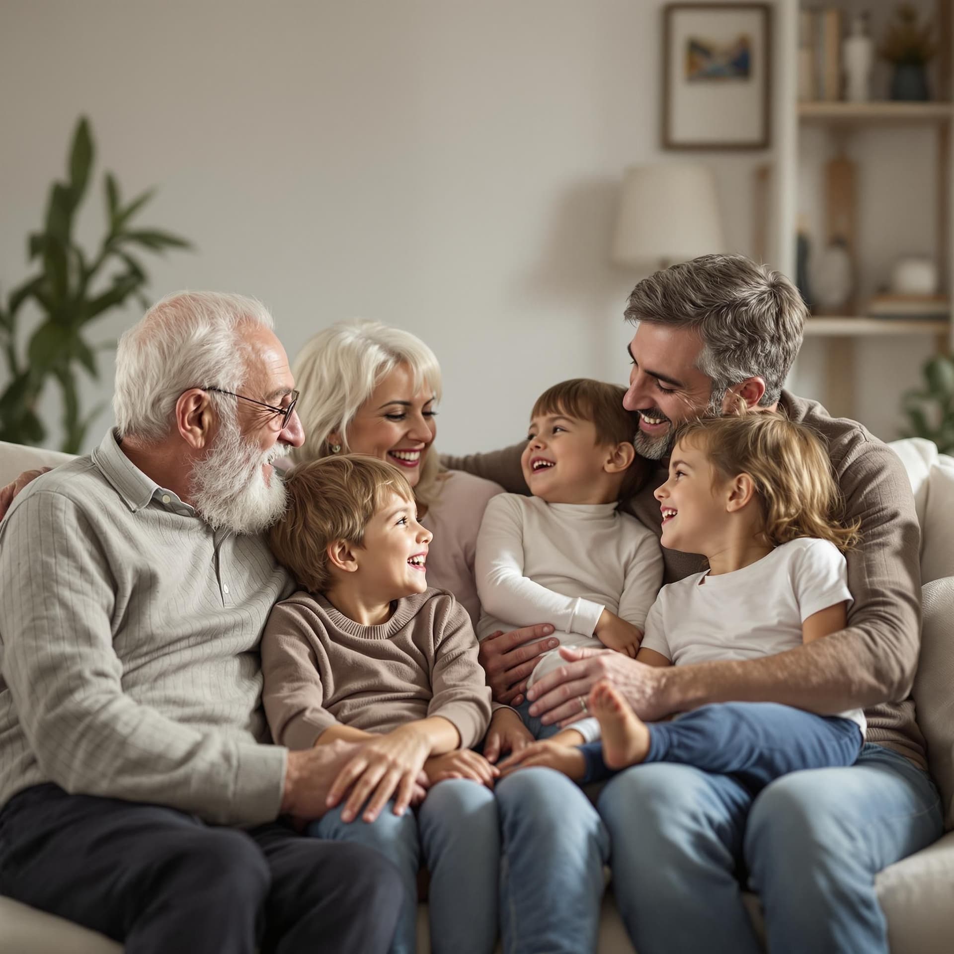 Italiensk flergenerationsfamilj som umgås, mor- eller farföräldrar, föräldrar, barn, hemtrevlig miljö