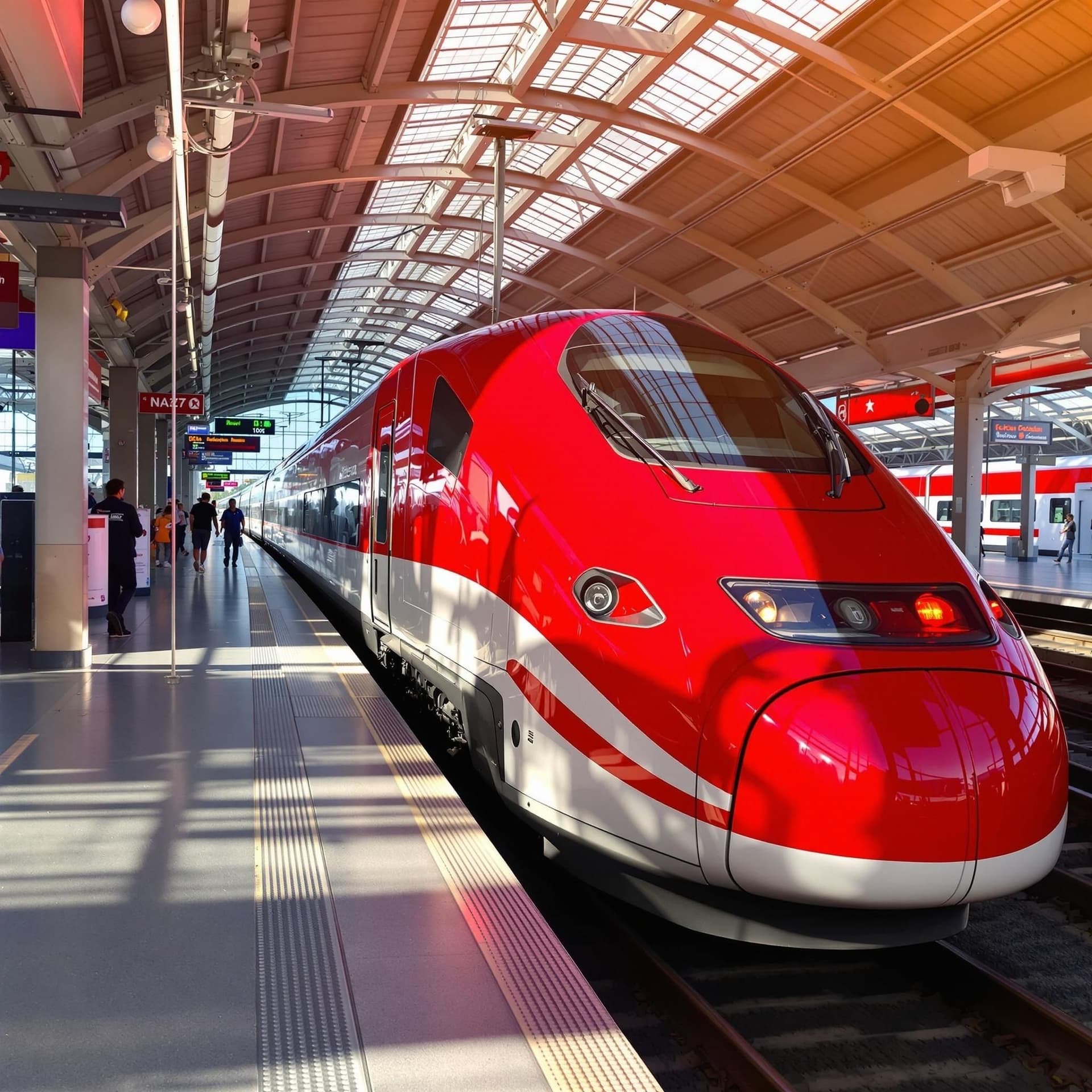 Italienskt höghastighetståg Frecciarossa på järnvägsstation, modern design, röd färg