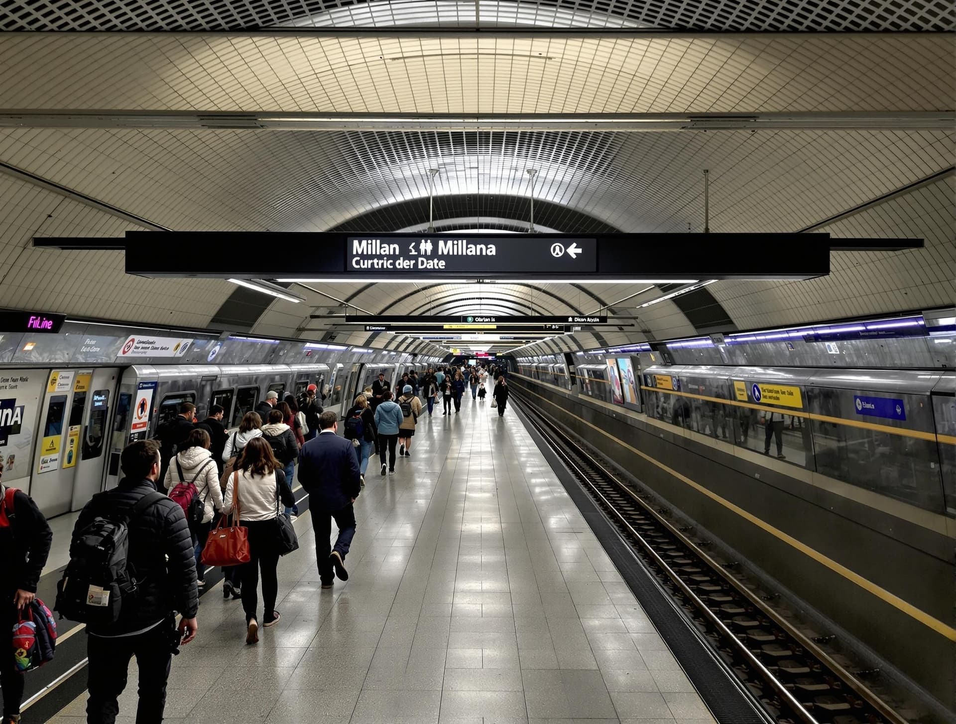 Milano tunnelbana, modern tunnelbanestation, passagerare, skyltar, Italien