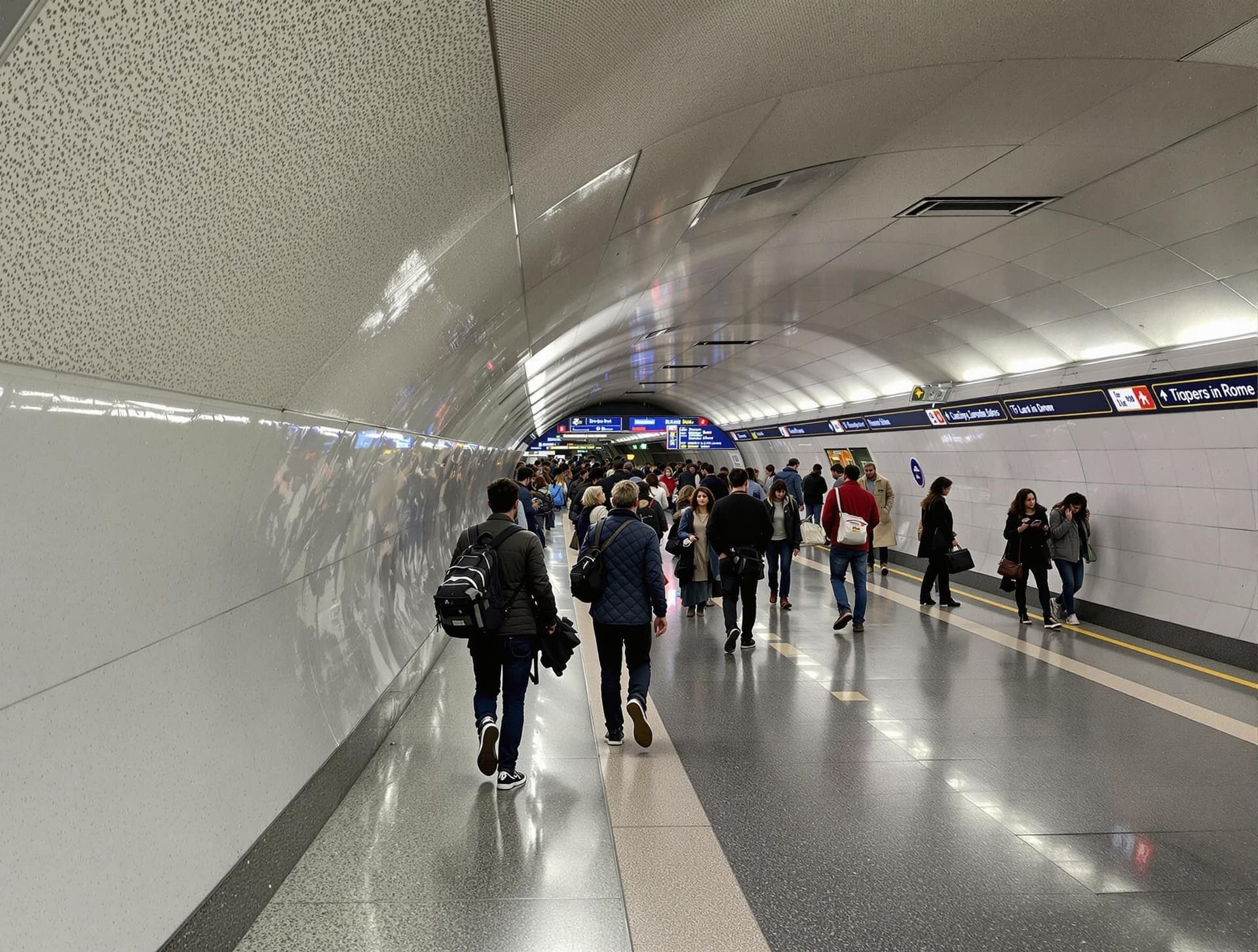 Rom tunnelbana, modern tunnelbanestation, passagerare, skyltar, Italien