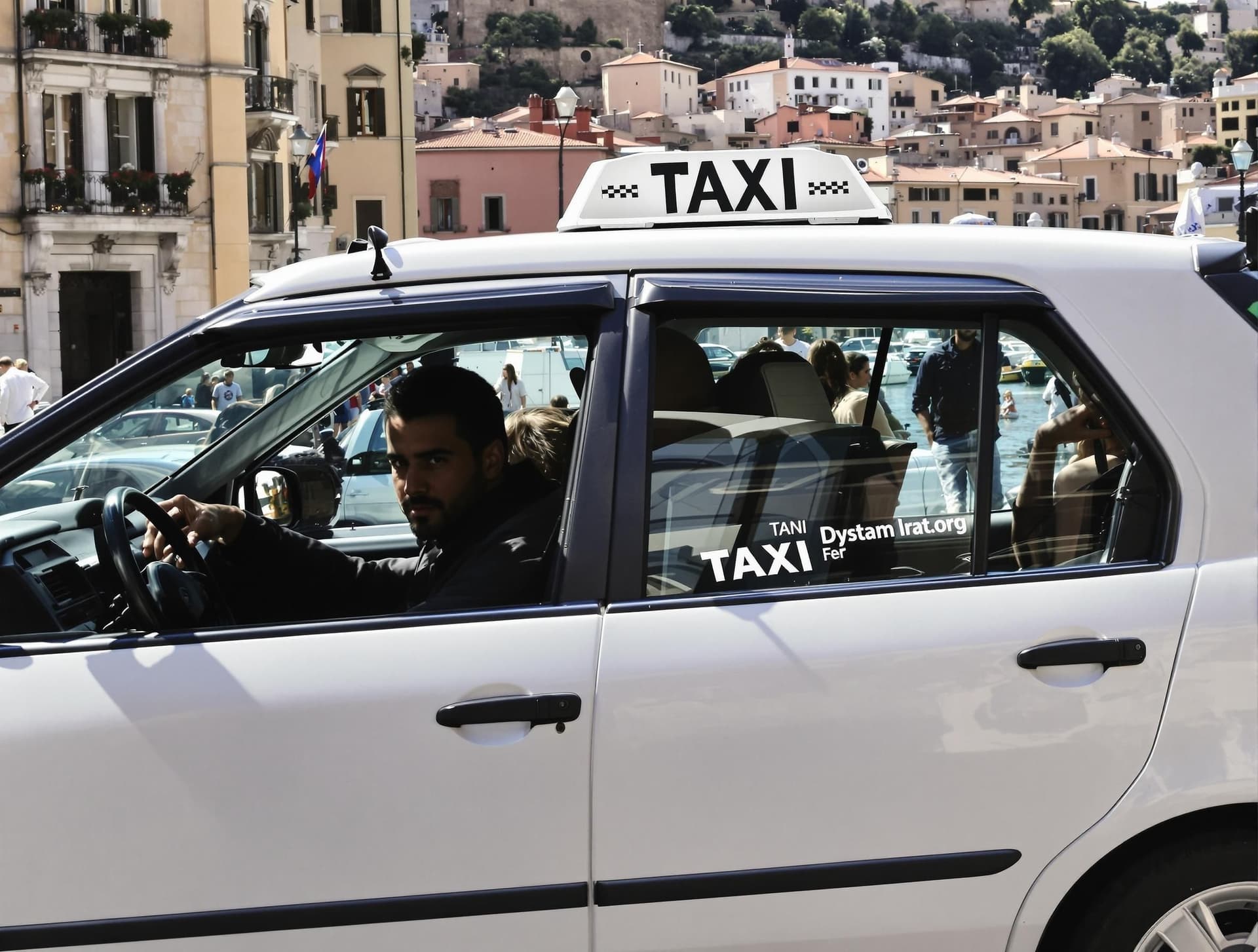 Italiensk taxi, vit bil med TAXI-skylt, historisk stad i bakgrunden