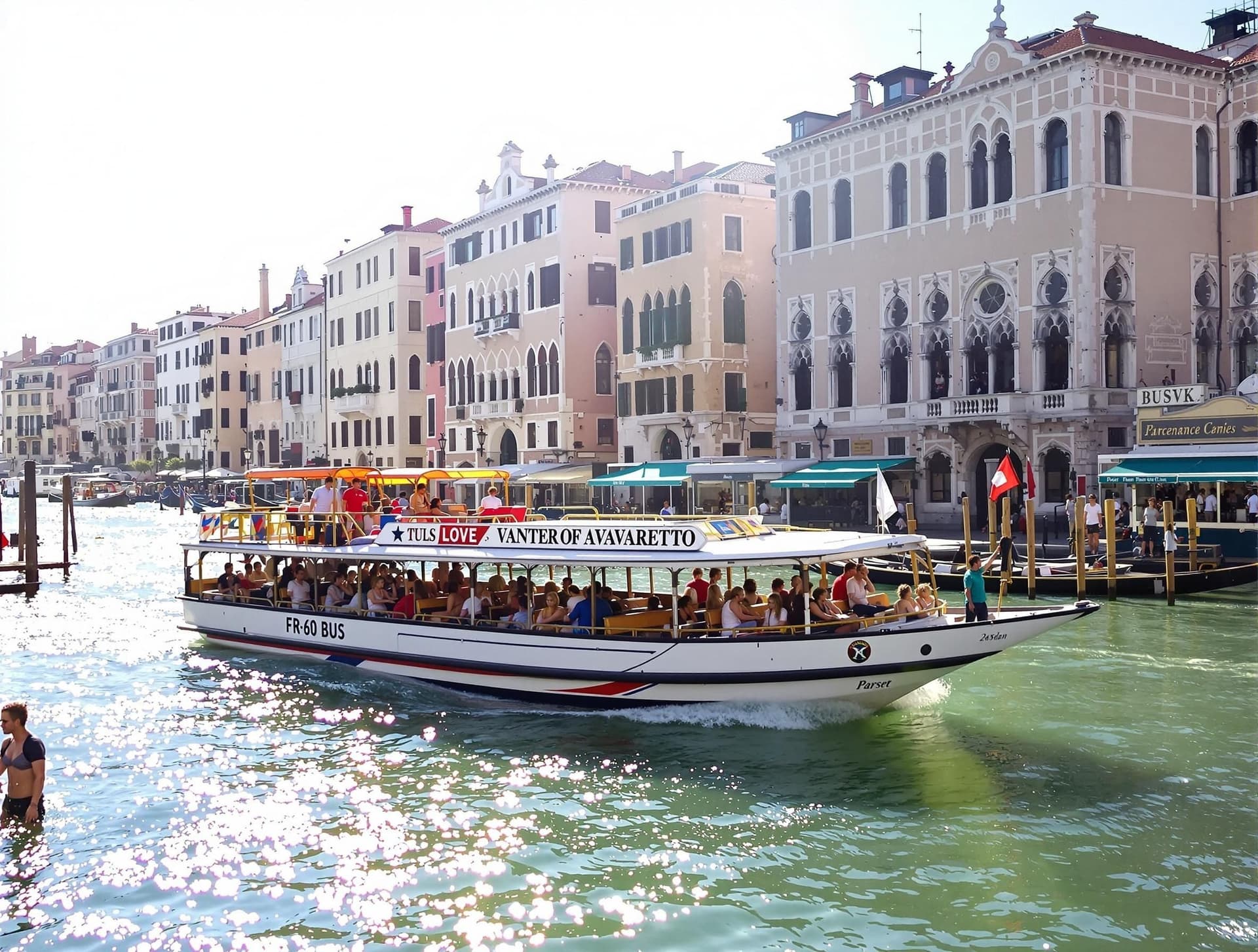 Venedig vaporetto (vattenbus) på Canal Grande, passagerare, historiska byggnader, gondoler
