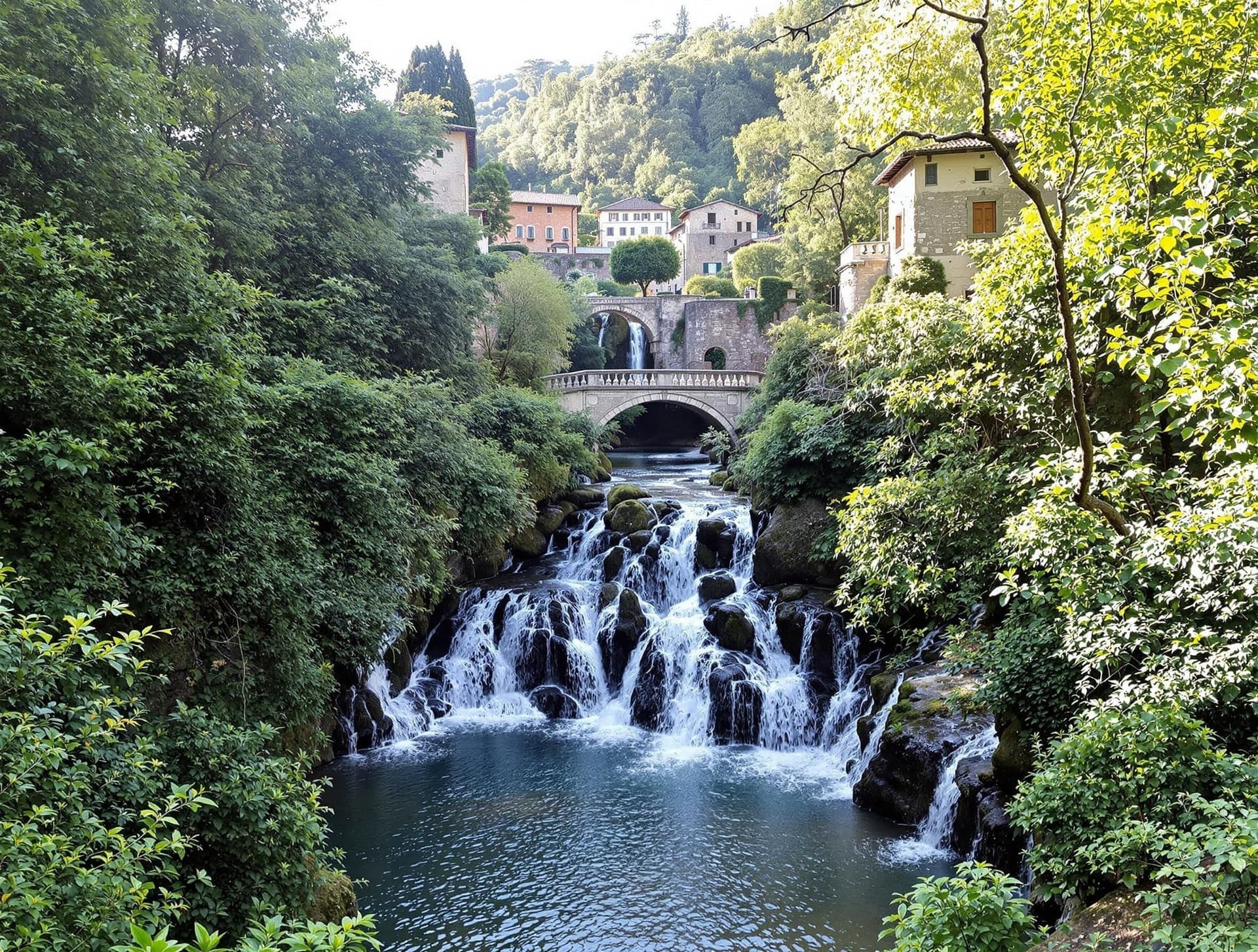 Molina Waterfall Park i Valpolicella med vackra vattenfall som forsar genom en grön ravin