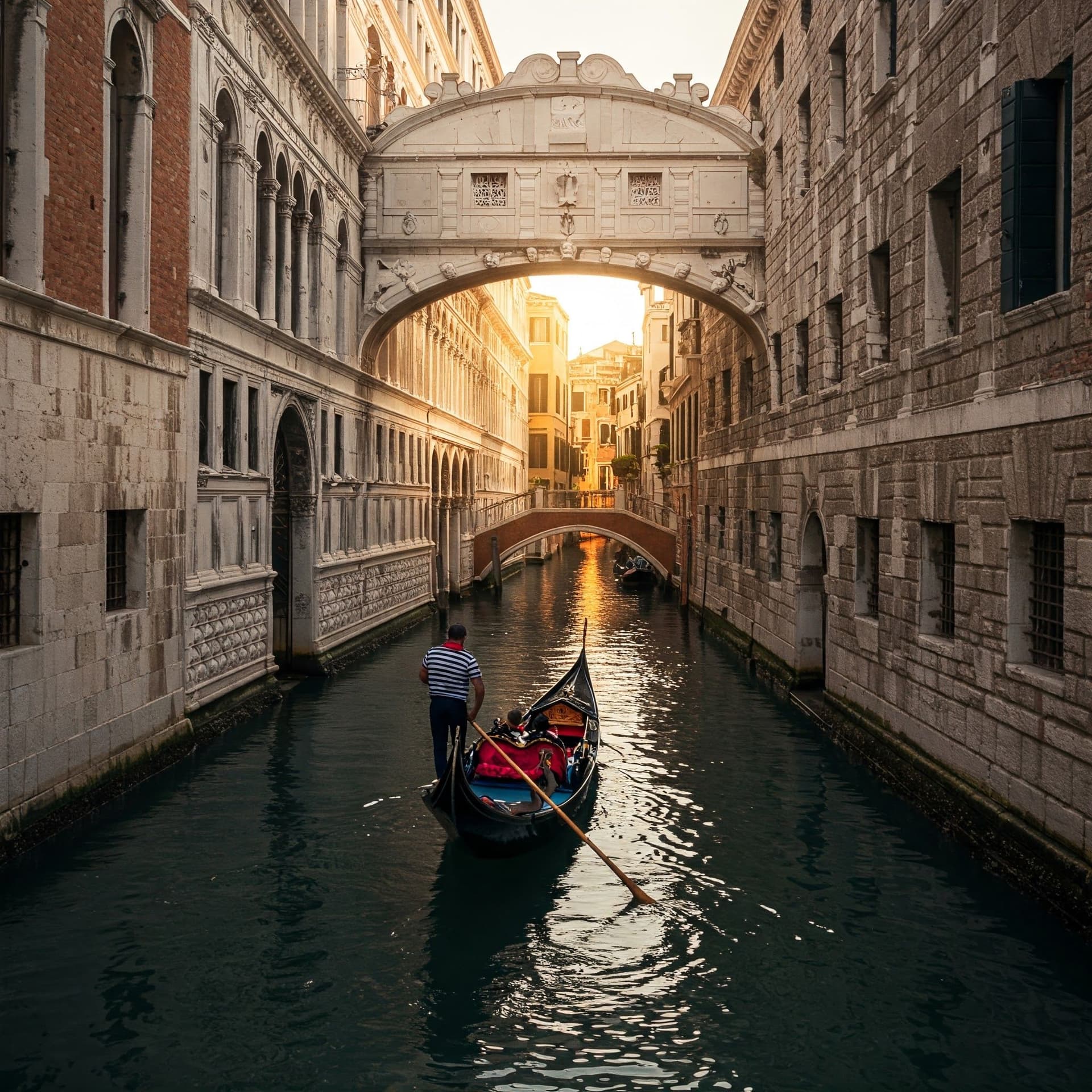 Gondol på en kanal i Venedig med färgglada byggnader och en bro