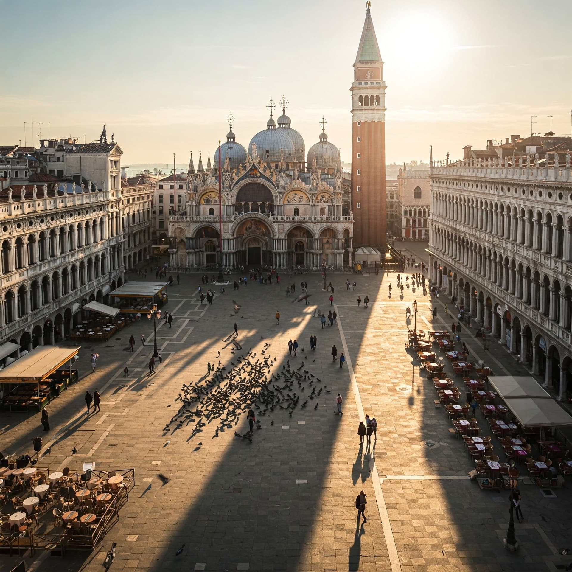 Markusplatsen (Piazza San Marco) i Venedig med Markuskyrkan och kampanilen
