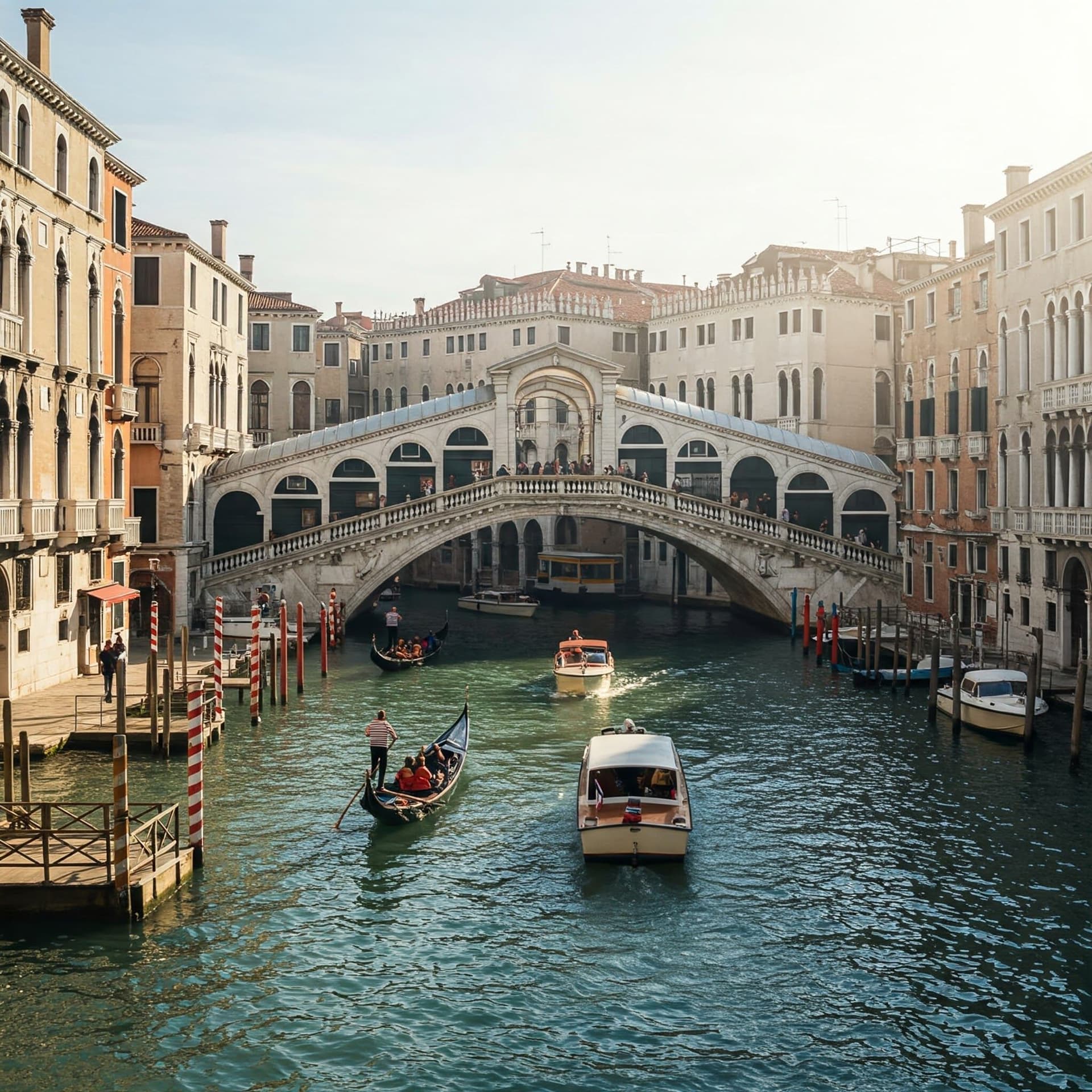 Rialtobron över Canal Grande i Venedig med butiker och gondoler