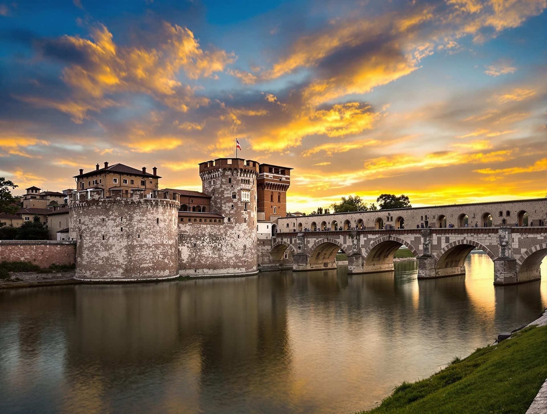 Castelvecchio och Ponte Scaligero i Verona, den medeltida borgen med dess karakteristiska krenelerade murar och bron över Adige-floden