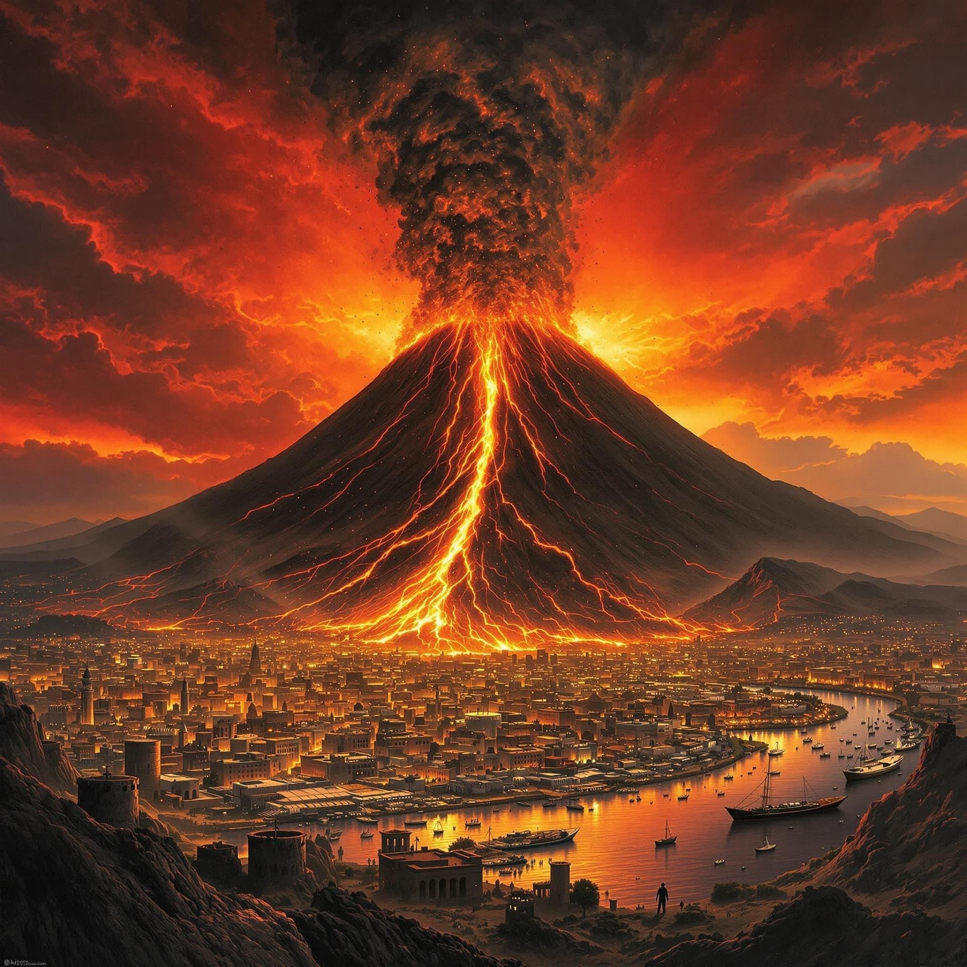 Dramatisk illustration av Vesuvius utbrott år 79 e.Kr. med den enorma askpelaren och pyroklastiska flöden