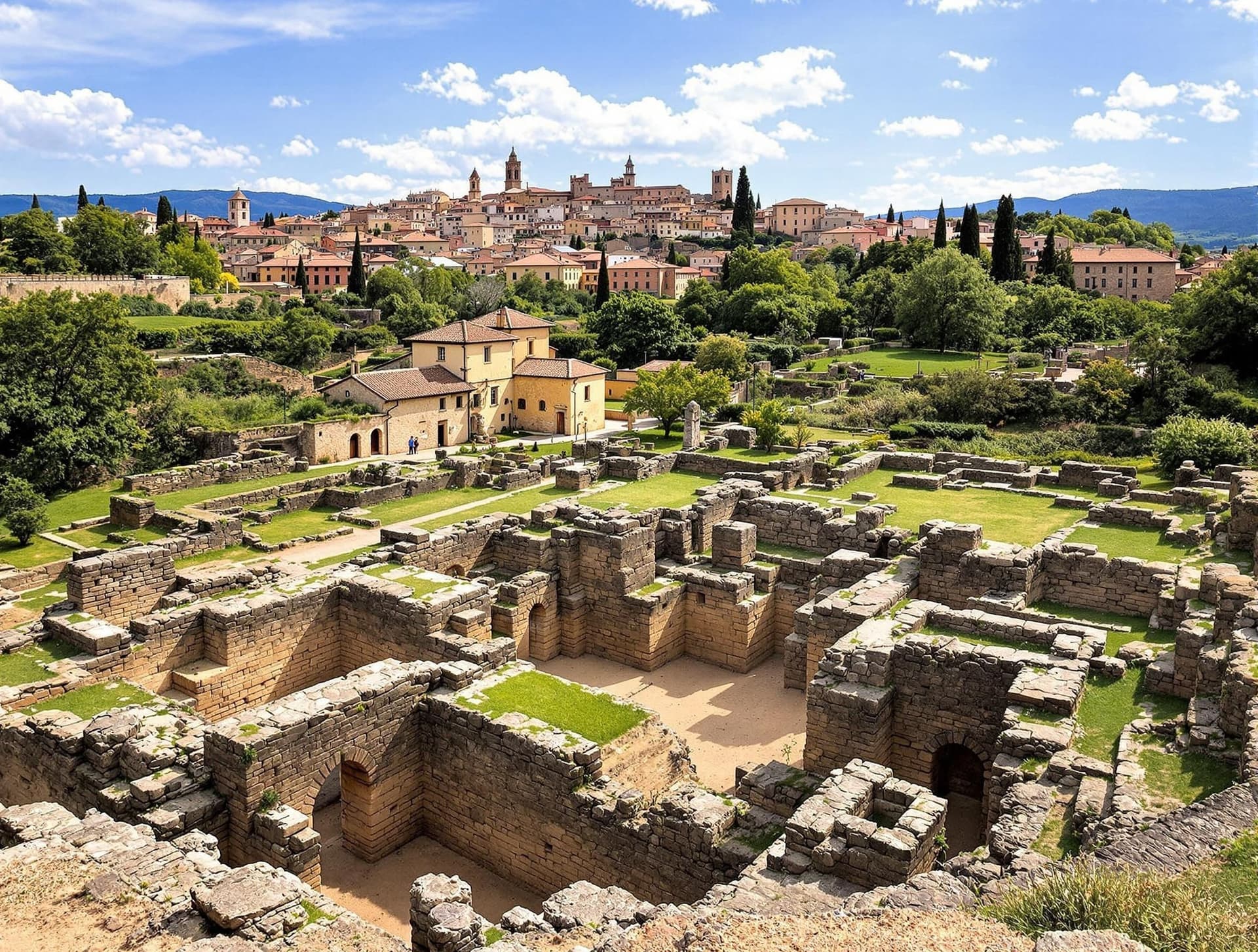 Etruskiska ruiner i Volterra, Toscana, med antika stenstrukturer och arkeologiska utgrävningar