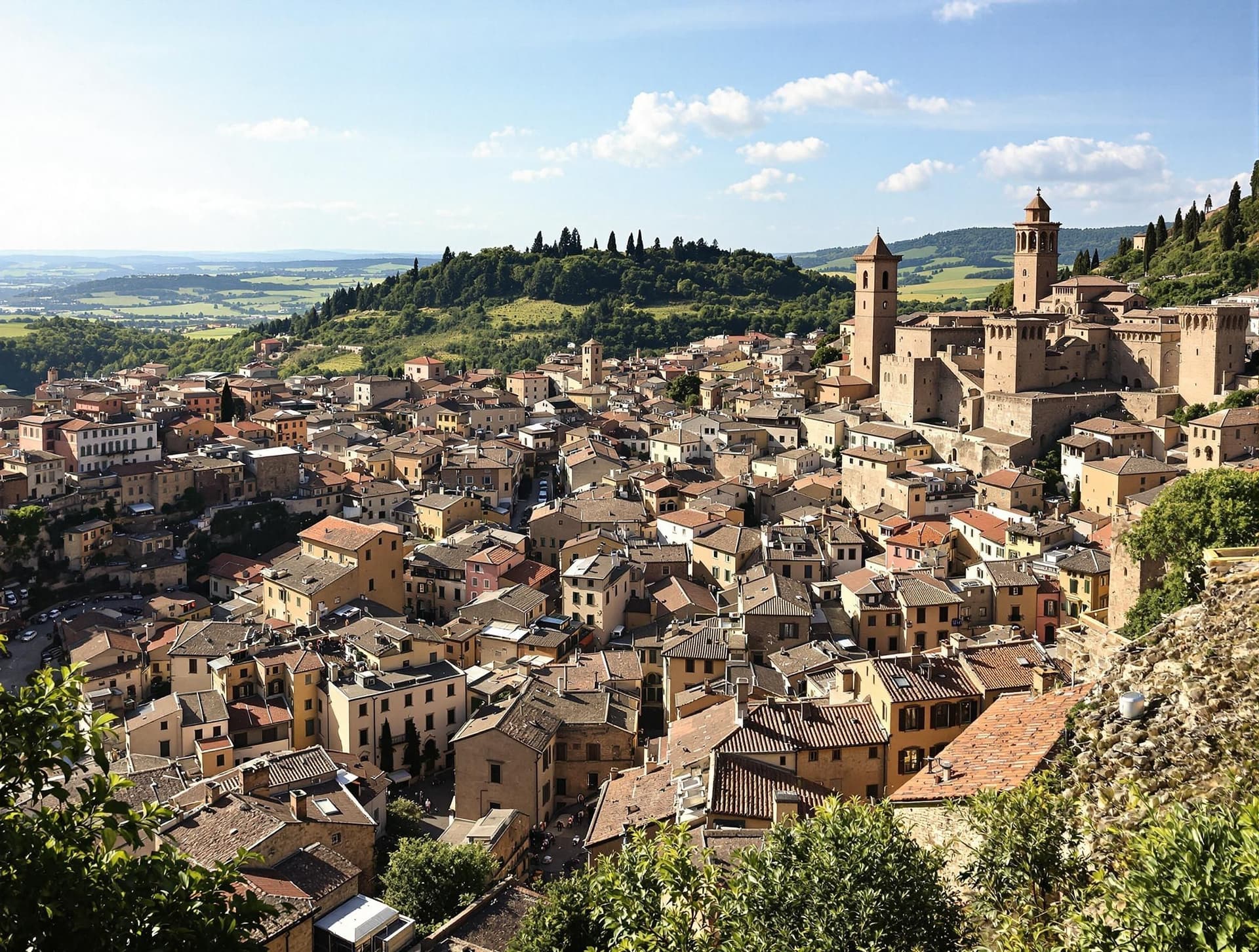 Panoramautsikt över Volterras historiska centrum i Toscana med dess medeltida stenhus och smala gator