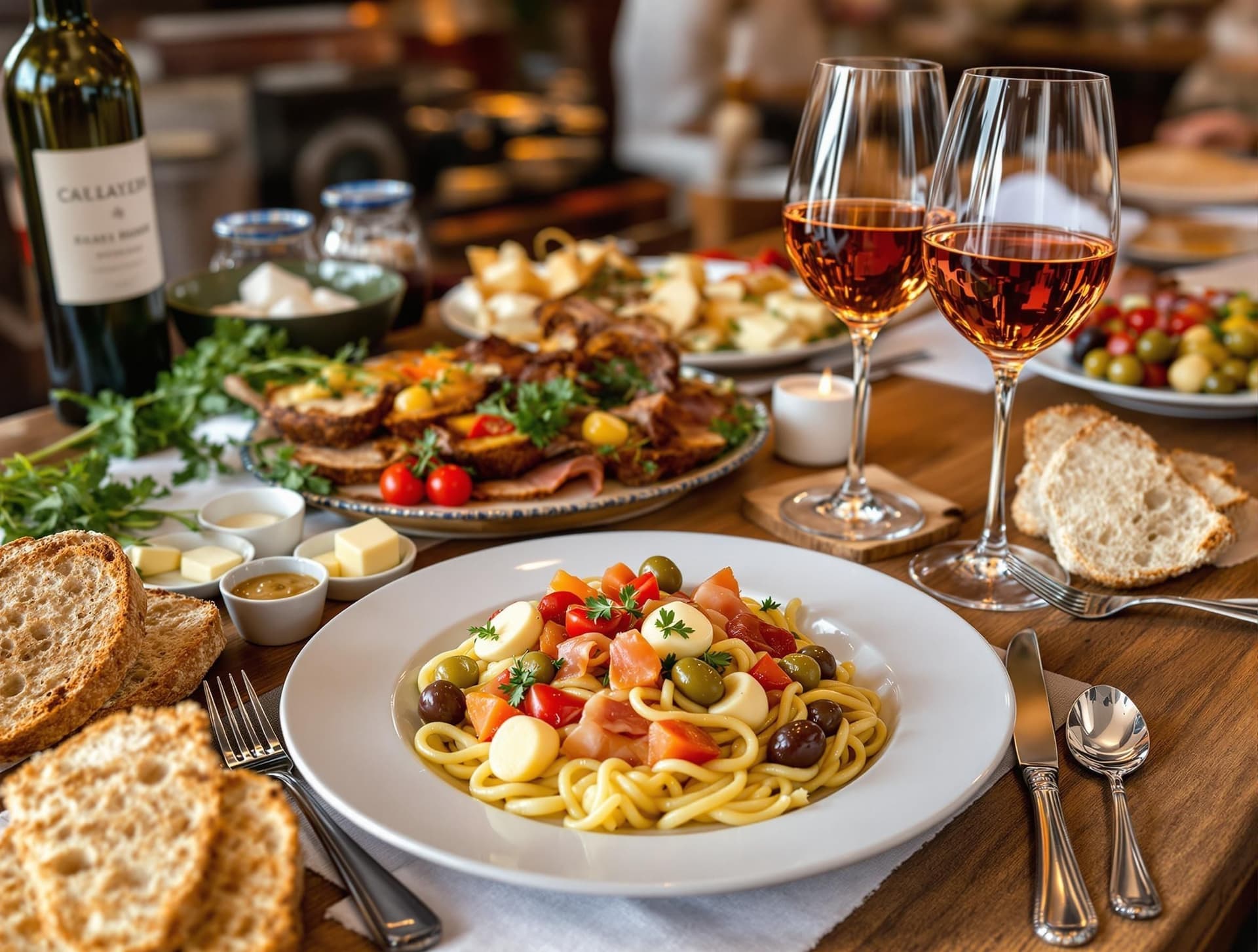 Rustikt italienskt matbord med olika råvaror, olivolja, ost, charkuterier och vin