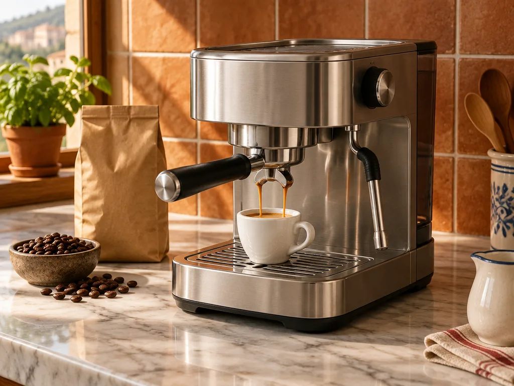 Espressomaskin i rostfritt stål med filterhållare som brygger espresso i en liten vit kopp, på en köksbänk av marmor med terrakottakakel och en påse kaffebönor bredvid