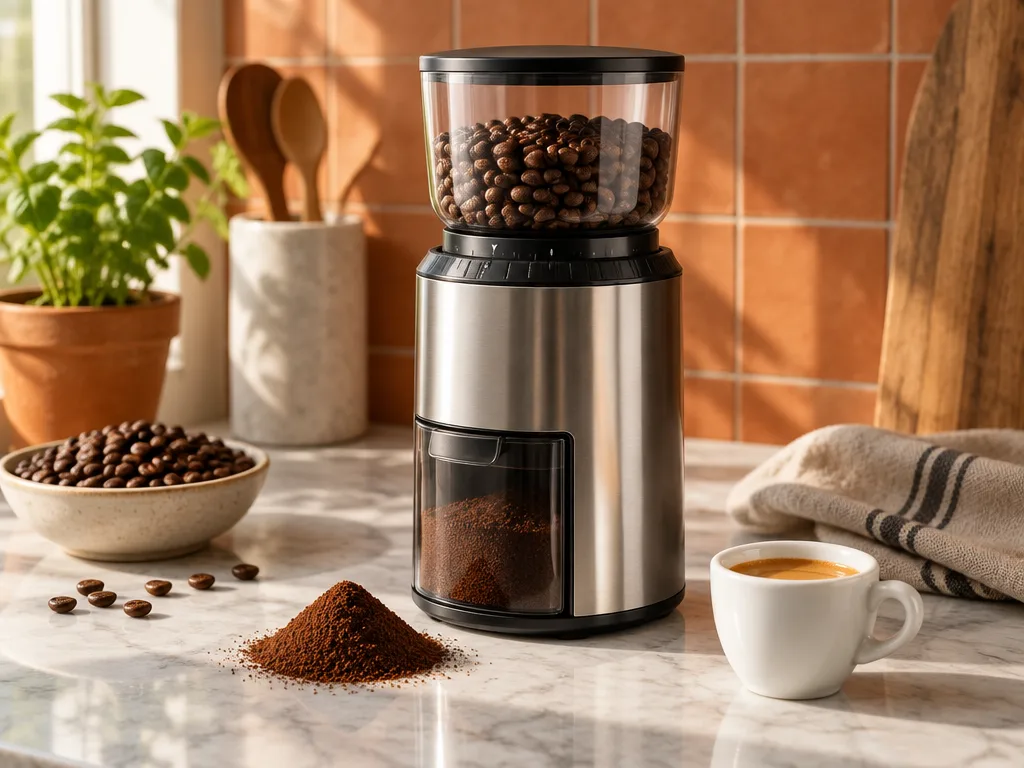 Elektrisk kaffekvarn med hela kaffebönor i behållaren och nymalet kaffe bredvid en liten espressokopp på en köksbänk av marmor