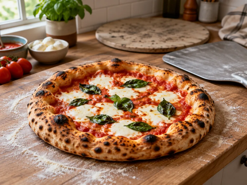Nygräddad napolitansk pizza margherita med luftig, fläckig kant på en mjölad träbräda i ett kök
