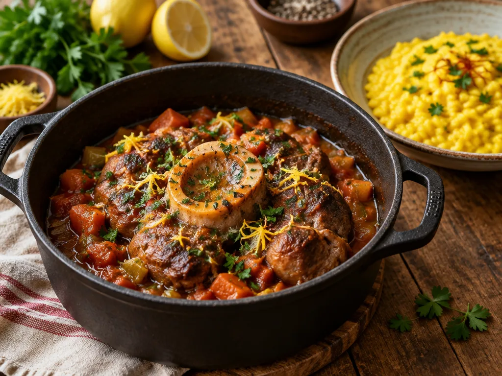 Ossobuco i en gjutjärnsgryta med skivad kalvlägg, märgben, tomatsås och gremolata, med saffransrisotto, citroner och persilja på ett träbord