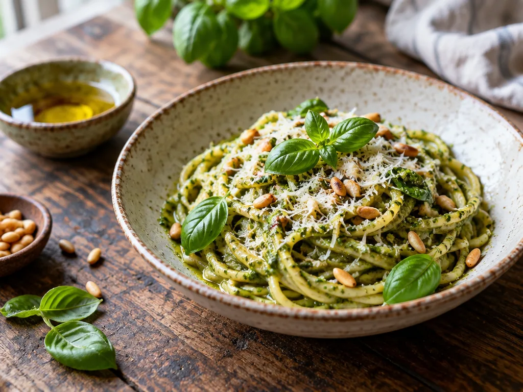 Spaghetti med grön basilikapesto i en keramikskål, toppad med riven parmesan, rostade pinjenötter och basilikablad på ett träbord