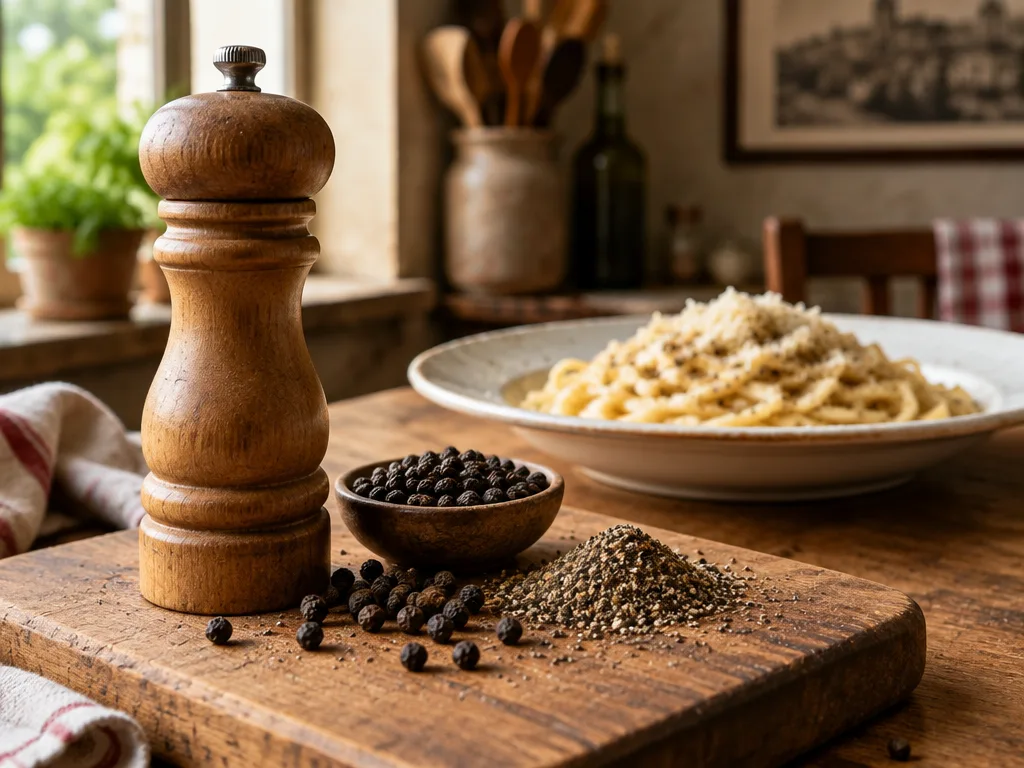 Pepparkvarn i trä bredvid hela svartpepparkorn och nymalen peppar på en skärbräda, med en tallrik pasta i bakgrunden
